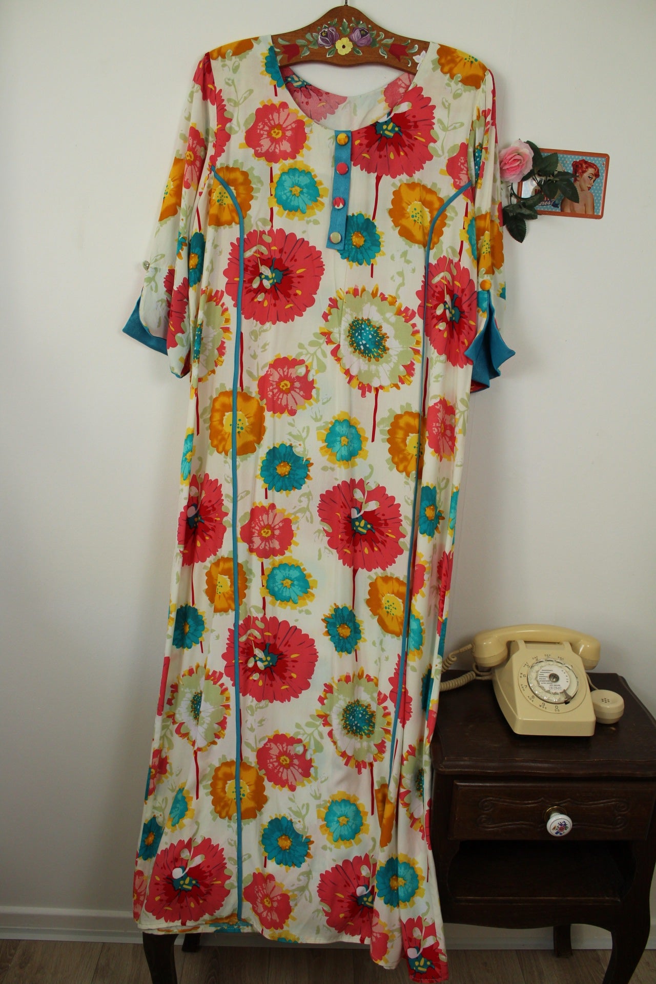 🌸🍒Robe vintage longue 70's hippie motif floral XXL coloré - T.42/44🍒🌸