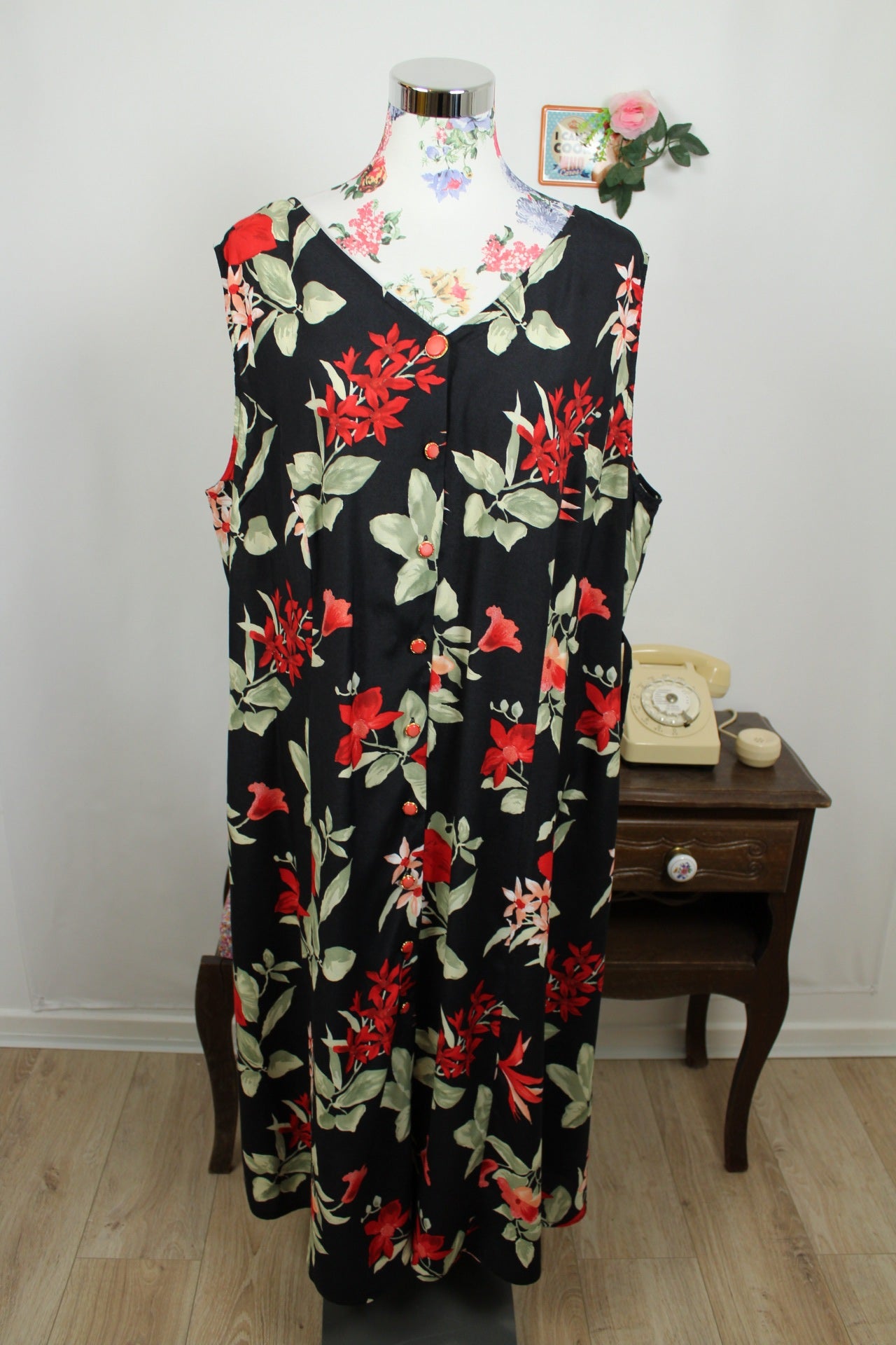 🌸🍒Robe longue vintage 90's noire & fleurs rouges romantiques - Taille 48/50🍒🌸