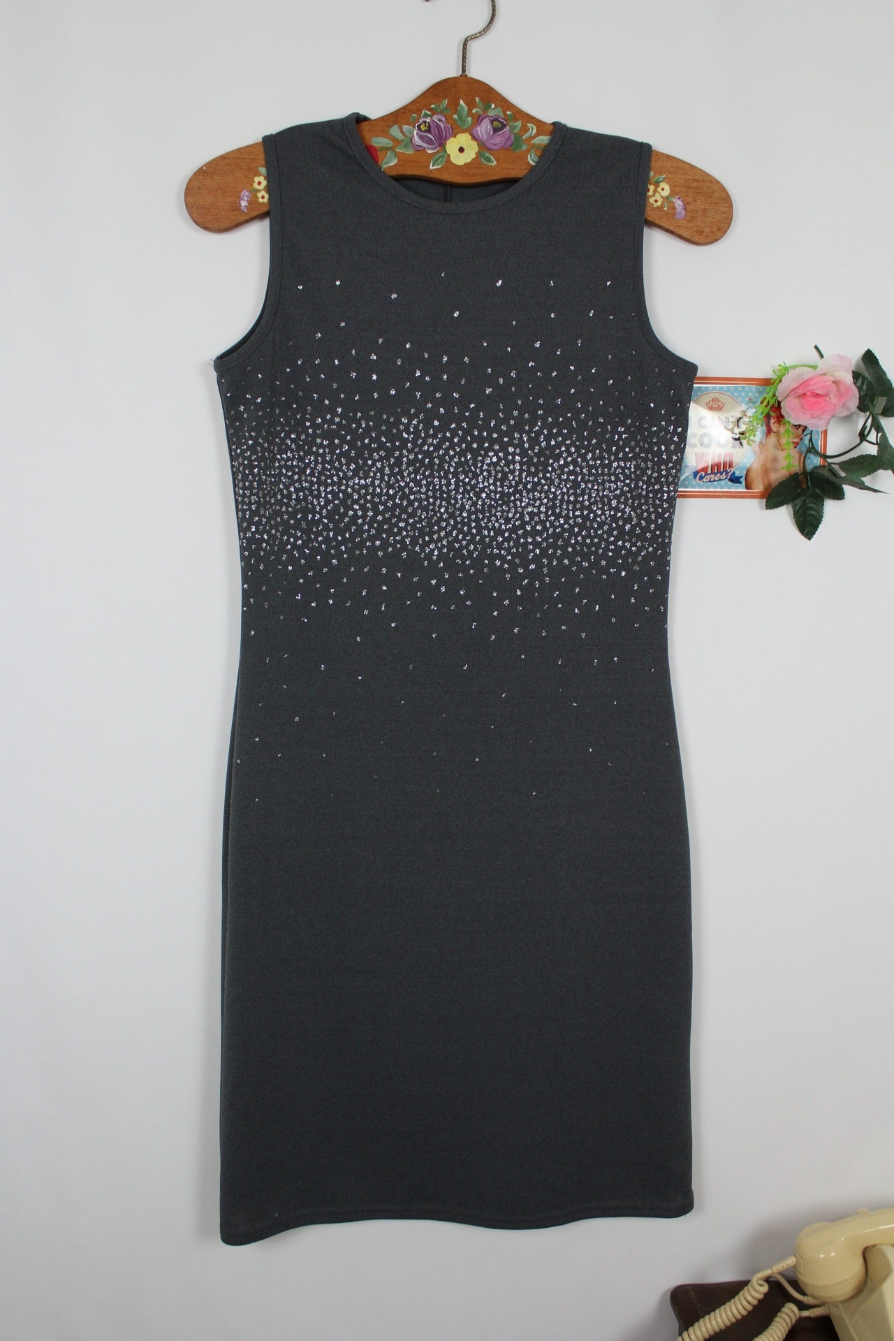 🌸🍒Robe vintage grise à strass 90's - made in U.K - Taille 34/36🌸🍒