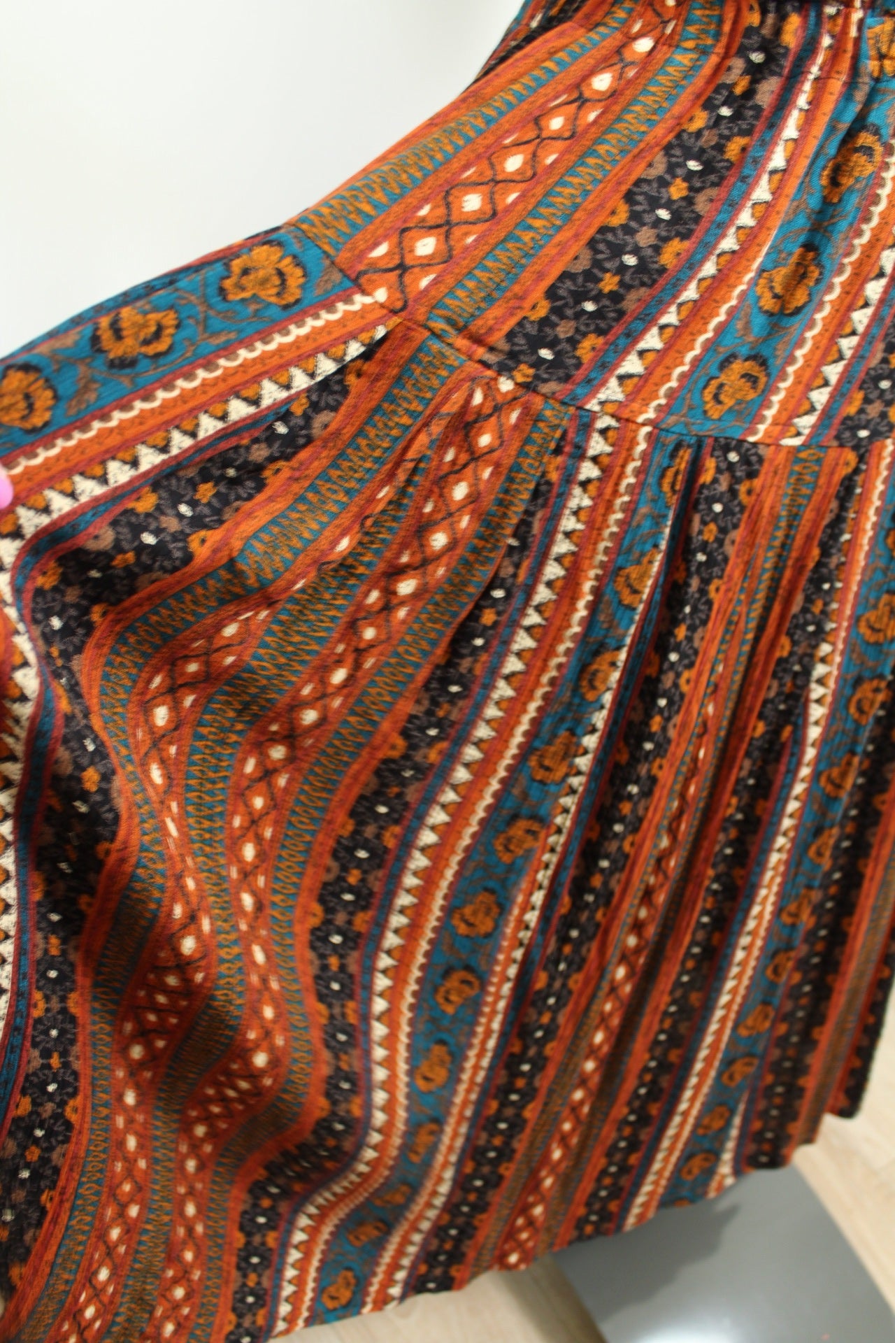 🌸🍒Jupe midi vintage 70's bohème folk terracotta & turquoise - Taille 36 à 40🍒🌸