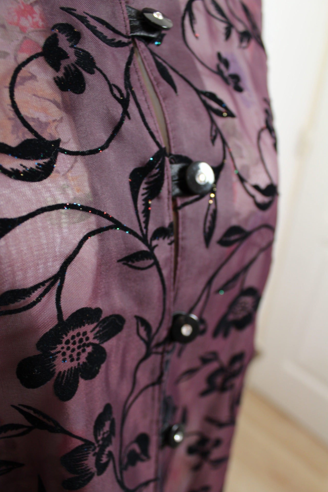 🌸🍒Chemise vintage 90's violette velours & paillettes - élégance mystique -Taille 38🍒🌸