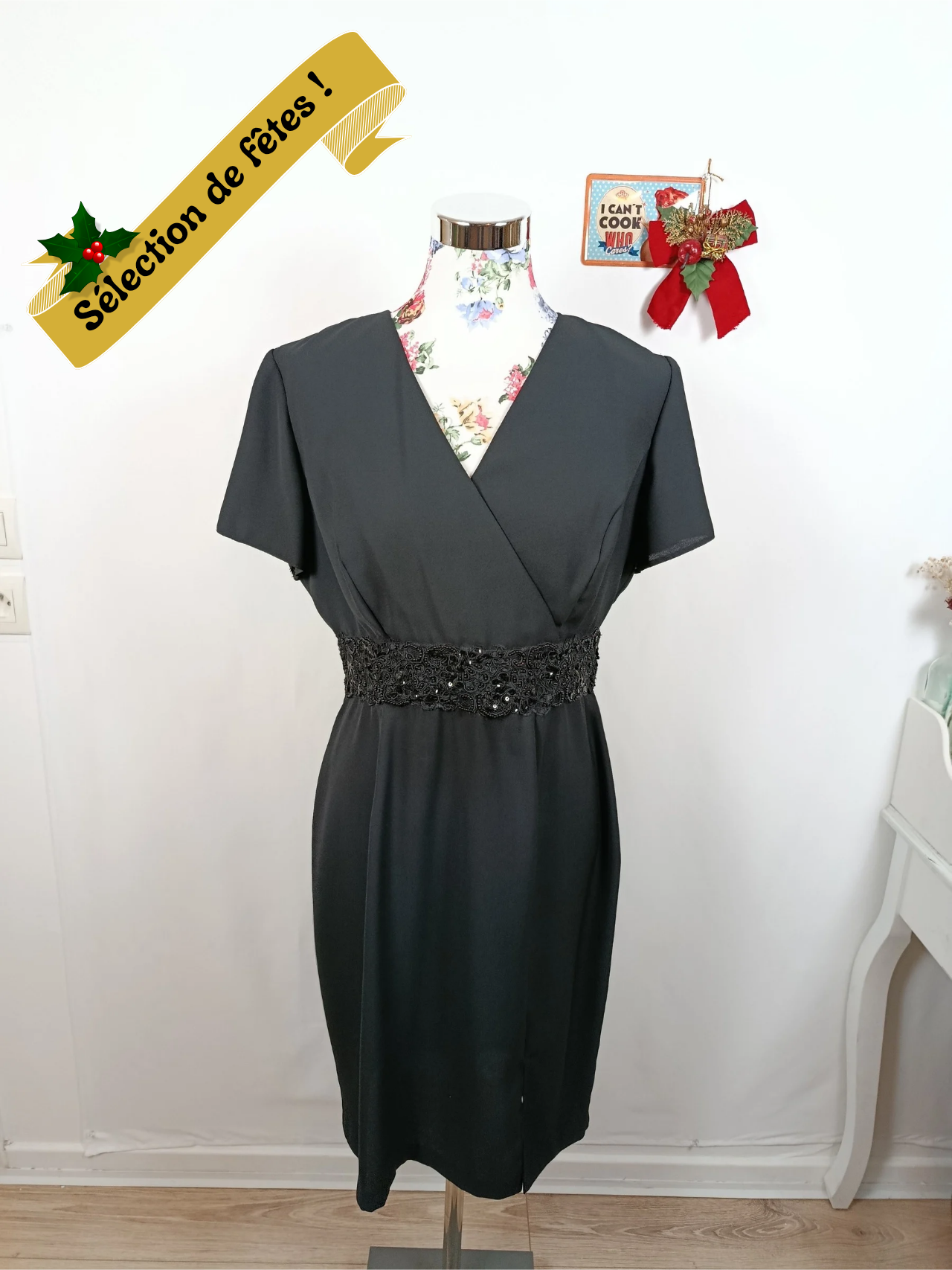 ✨Robe noire vintage 90's ceinture perlée - élégante & coupe pin-up✨