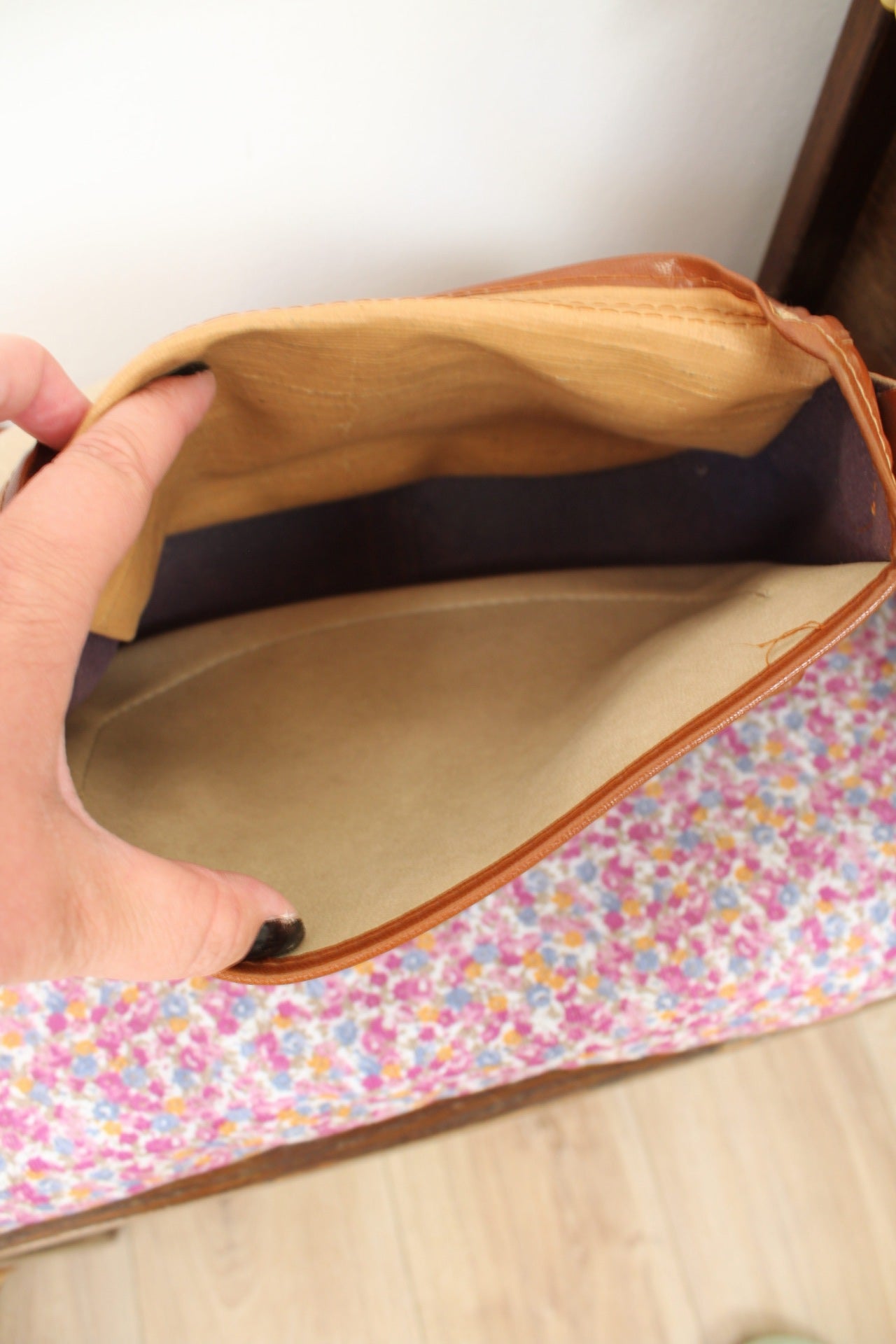 🌸🍒Sac vintage années 70/80 bi-matière toile + cuir camel🍒🌸
