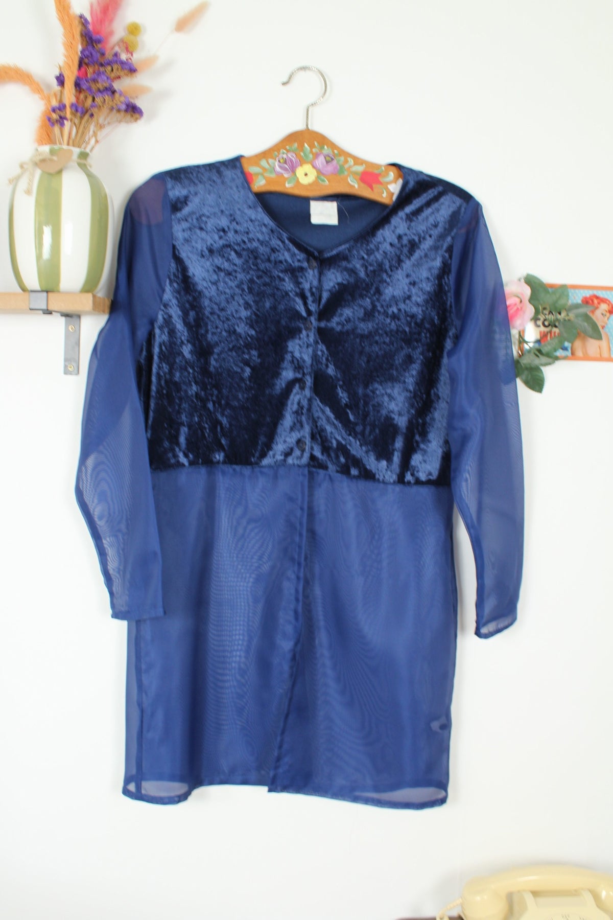 Blouse vintage années 90 bi matière velours satiné & transparence marine - Taille 38/40