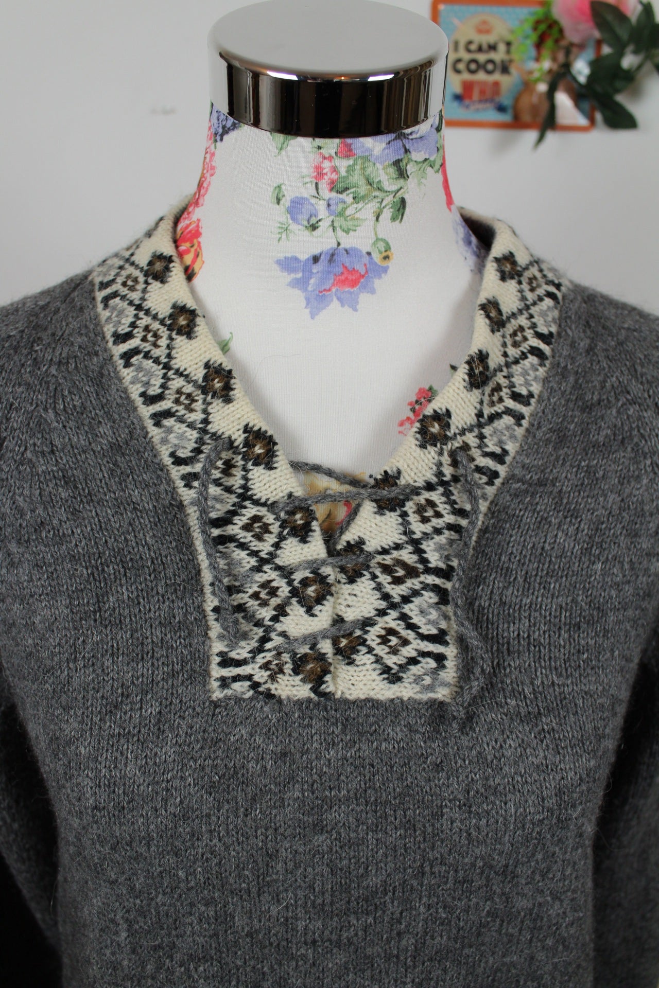 🌸🍒Pull vintage 80's gris motifs jacquard en laine angora🍒🌸