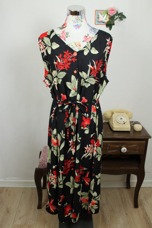 🌸🍒Robe longue vintage 90's noire & fleurs rouges romantiques - Taille 48/50🍒🌸