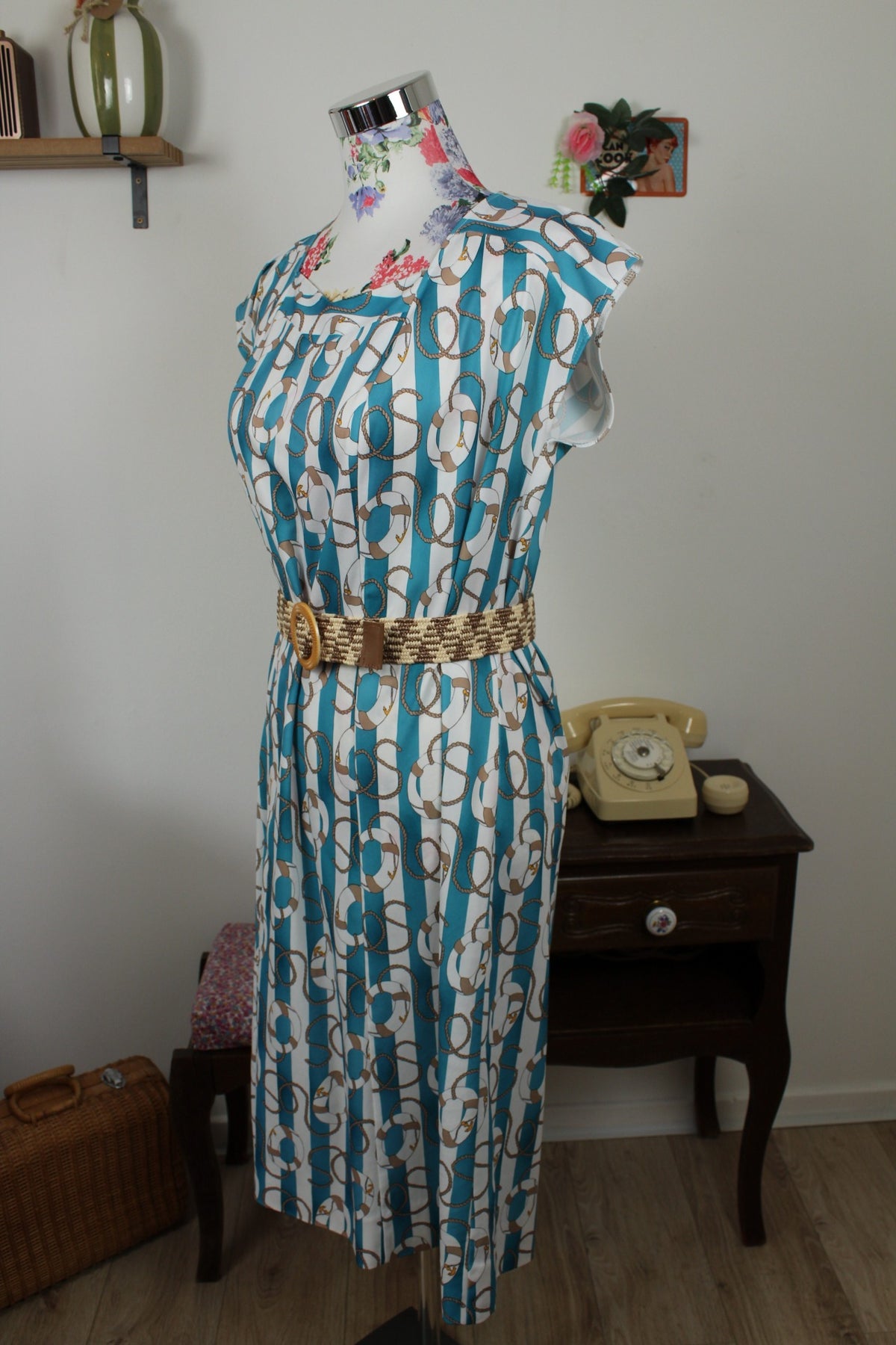 🌸🍒Robe vintage années 80 Navy rayures turquoises & motifs nautiques - Taille 38 à 42🍒🌸