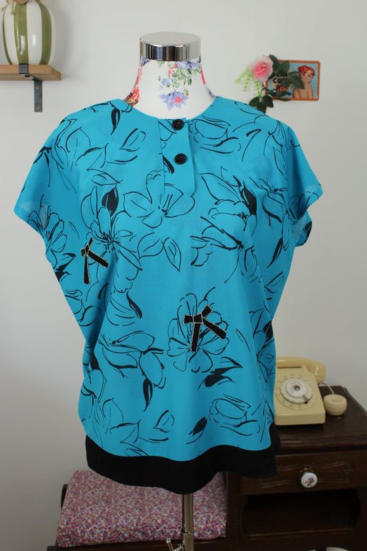 🌸🍒Blouse vintage années 80 bleu lumineux fleuri - Taille 40/42🍒🌸