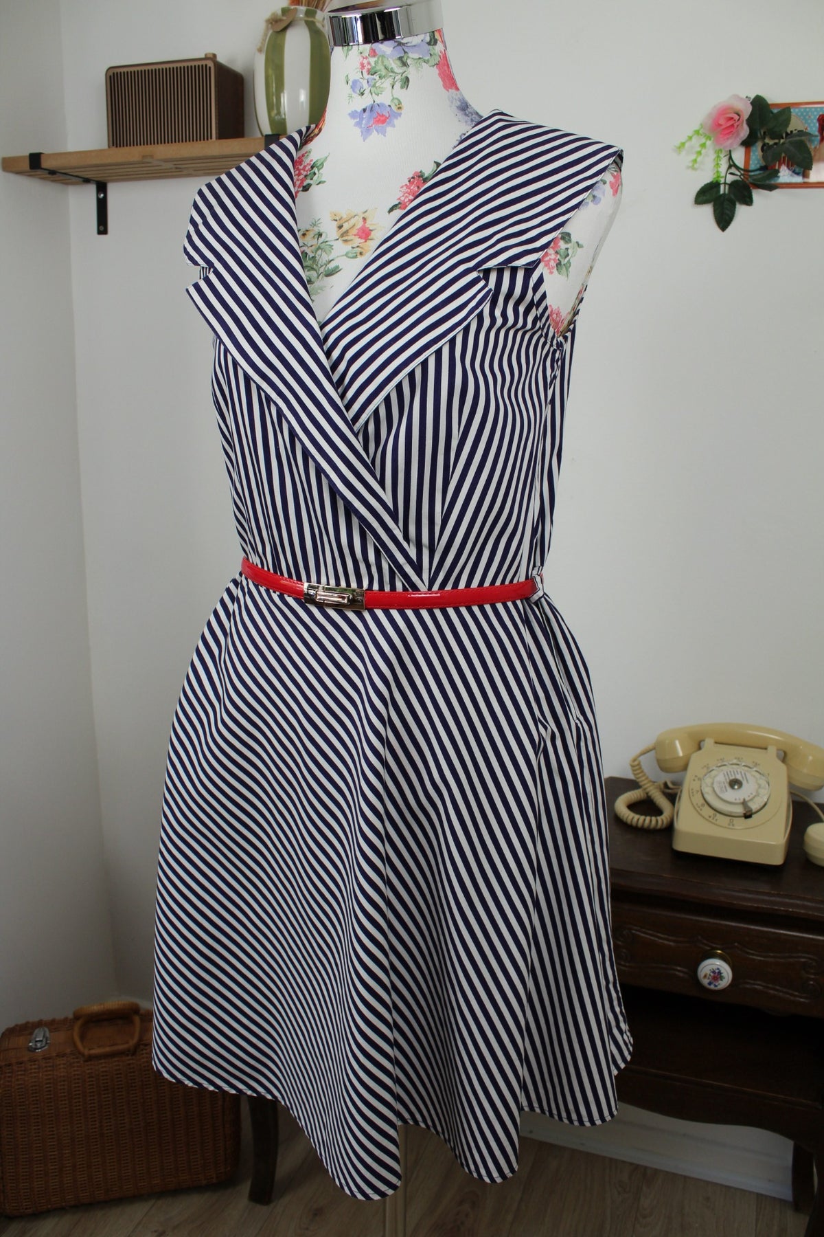 Robe Navy vintage années 90 rayée en coton style pin-up/rockabilly - Taille 38
