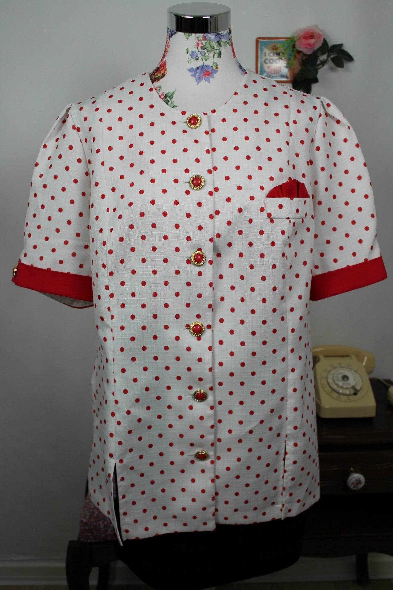 🌸🍒Blouse vintage 80's esprit tailleur pin-up rockabilly - pois & boutons bijoux - Taille 44🍒🌸
