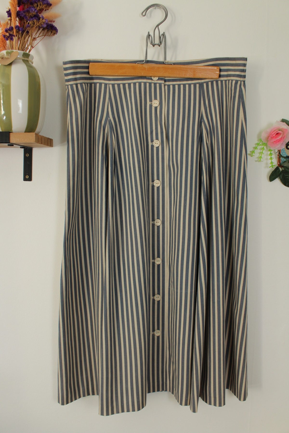 Jupe midi Navy vintage années 90 esprit marin à rayures en lin - Taille 42