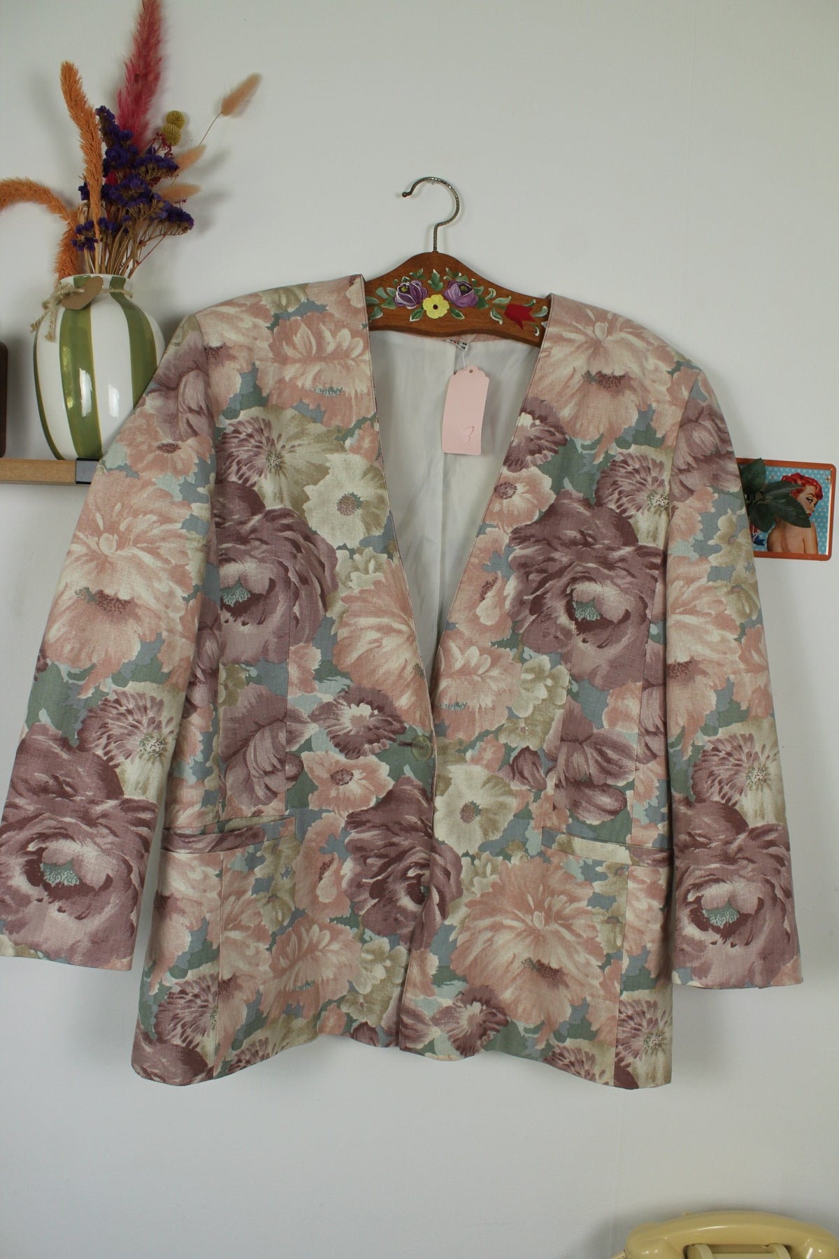 Veste vintage années 90 fleurs pastel esprit tapisserie romantique en lin & coton - Taille 44