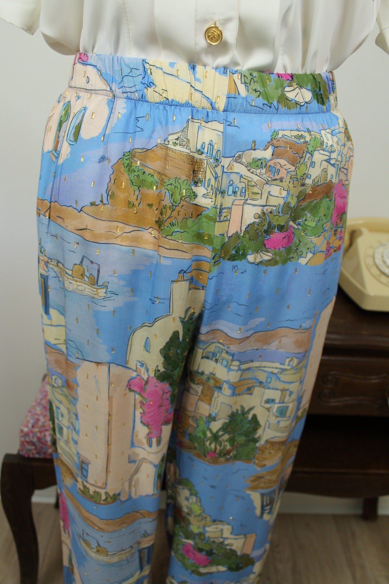 🌸🍒Pantalon fluide paysage de vacances - villages blancs & bord de mer - T.38🍒🌸