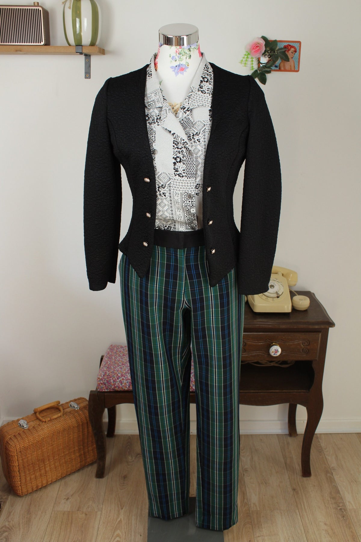 Pantalon rétro rayé vert foncé & noir - coupe skinny - 3 Suisses - Taille 40