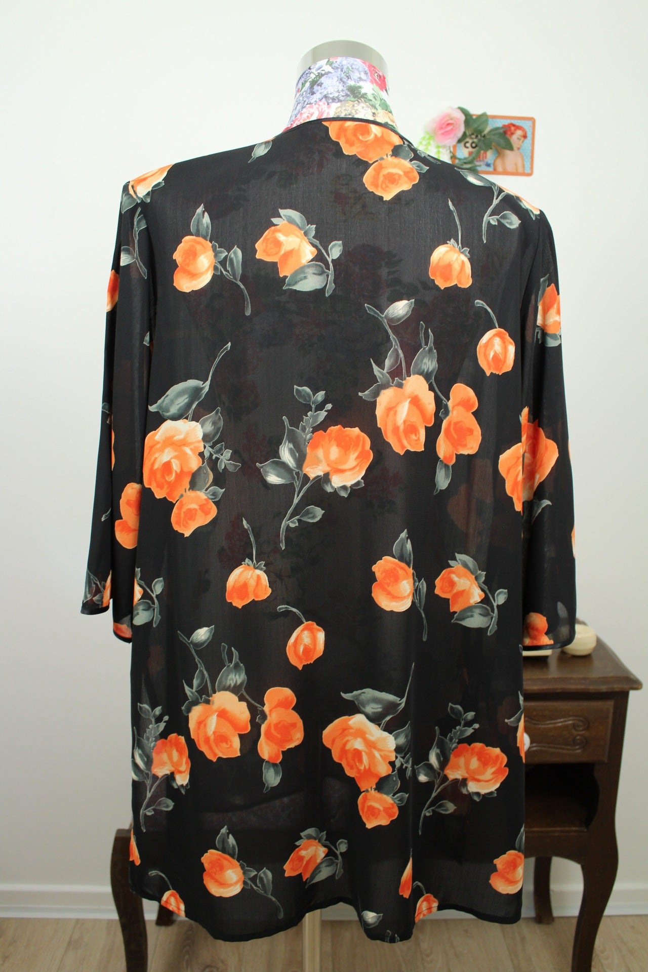 🌸🍒Cardigan vintage 80/90's voile noir transparent & roses en aquarelle - Taille 42/44🍒🌸