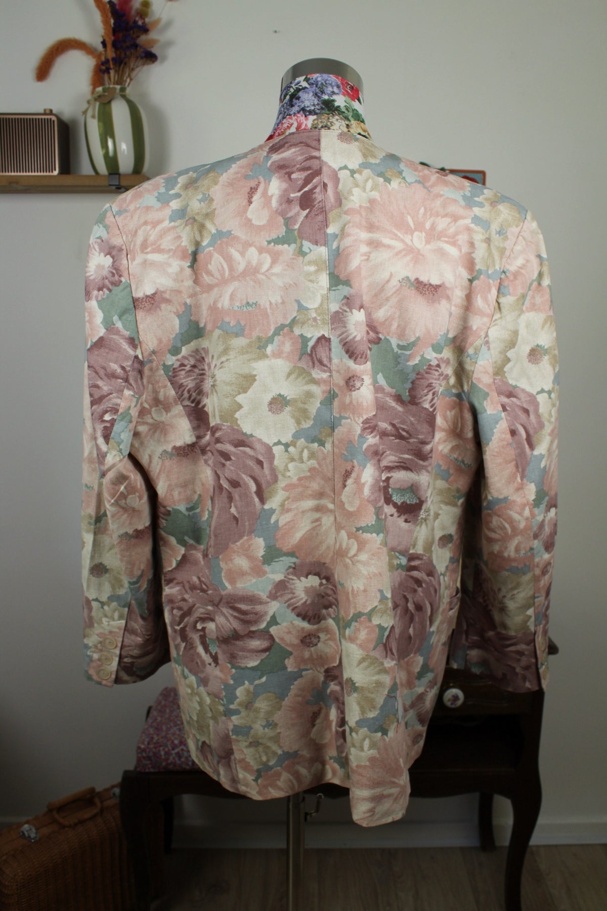Veste vintage années 90 fleurs pastel esprit tapisserie romantique en lin & coton - Taille 44