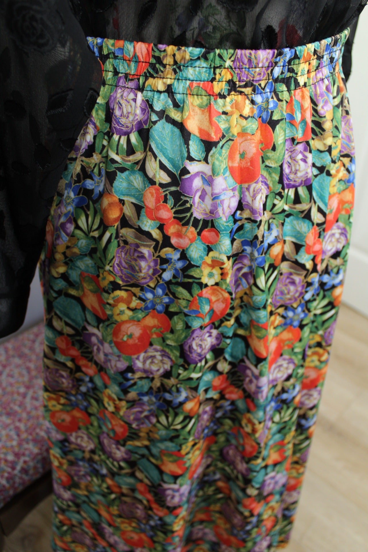 🌸🍒Jupe plissée vintage 80's fleurs & fruits Damart - Taille 44 à 48🍒🌸