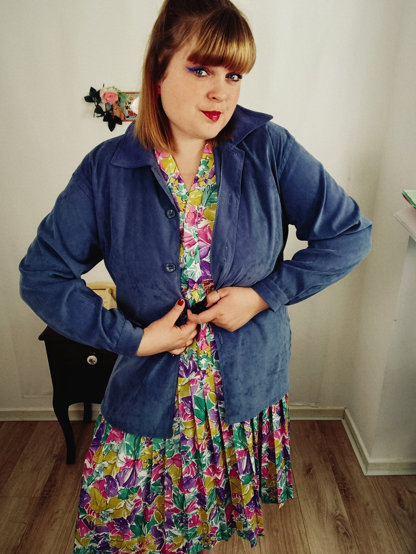 🌸🍒Veste bleue vintage 80/90s effet daim - col chemise - Taille 40/42🍒🌸