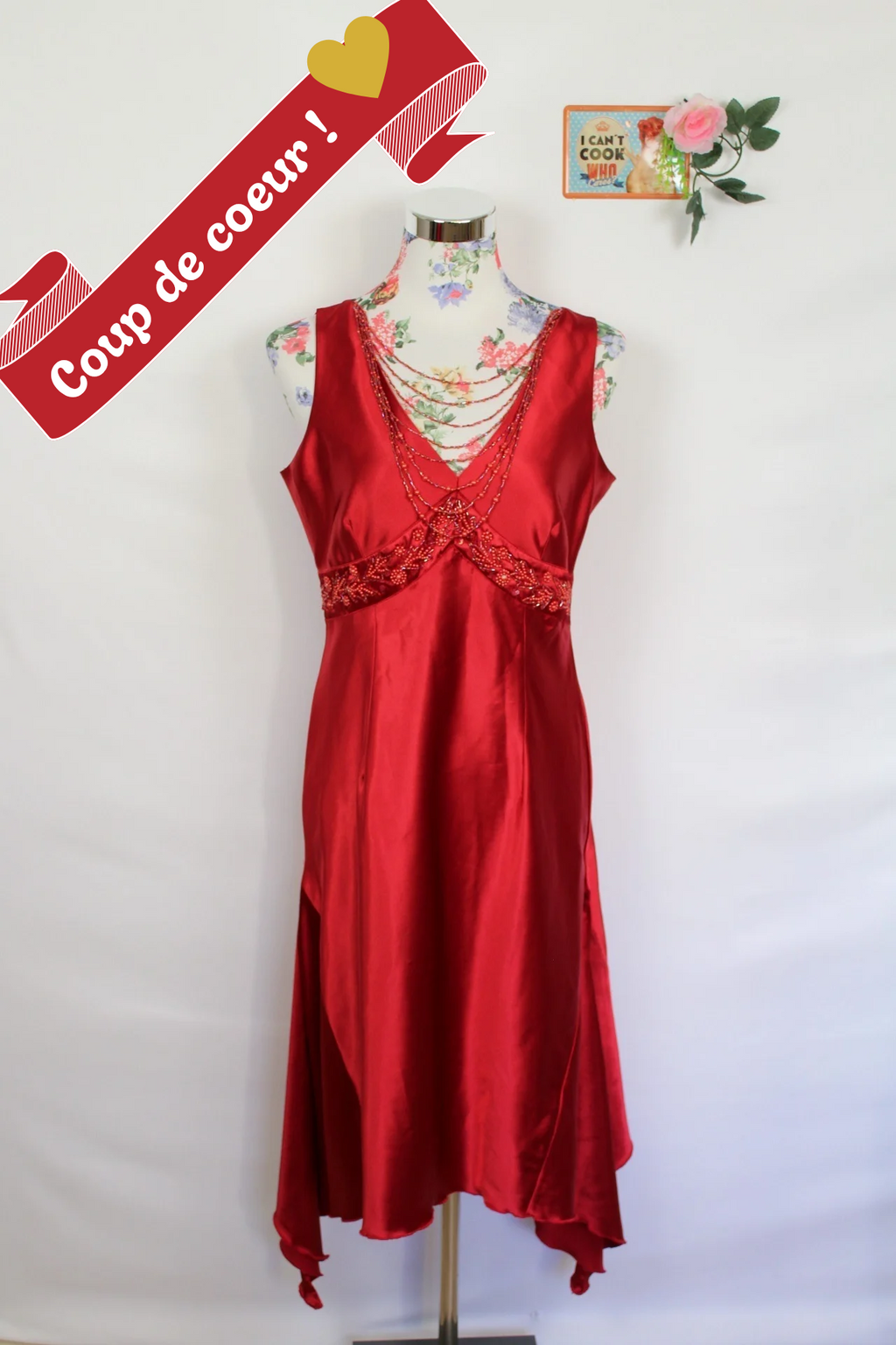 ✨Robe de soirée rouge satinée vintage perlée 80/90s - collier intégré✨