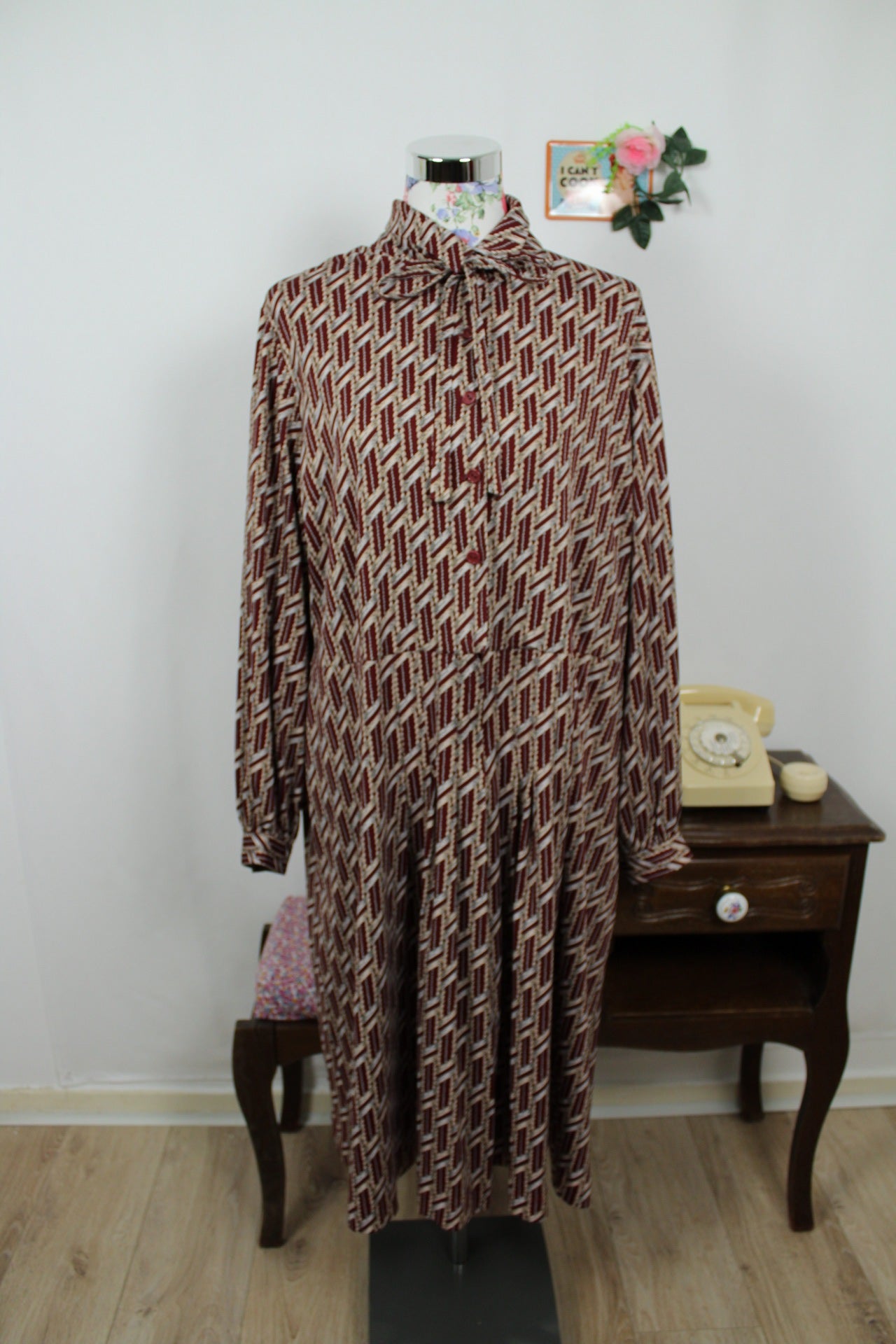 🍒🌸Robe vintage col lavallière 70's - motifs géométriques - Taille 44/46🌸🍒