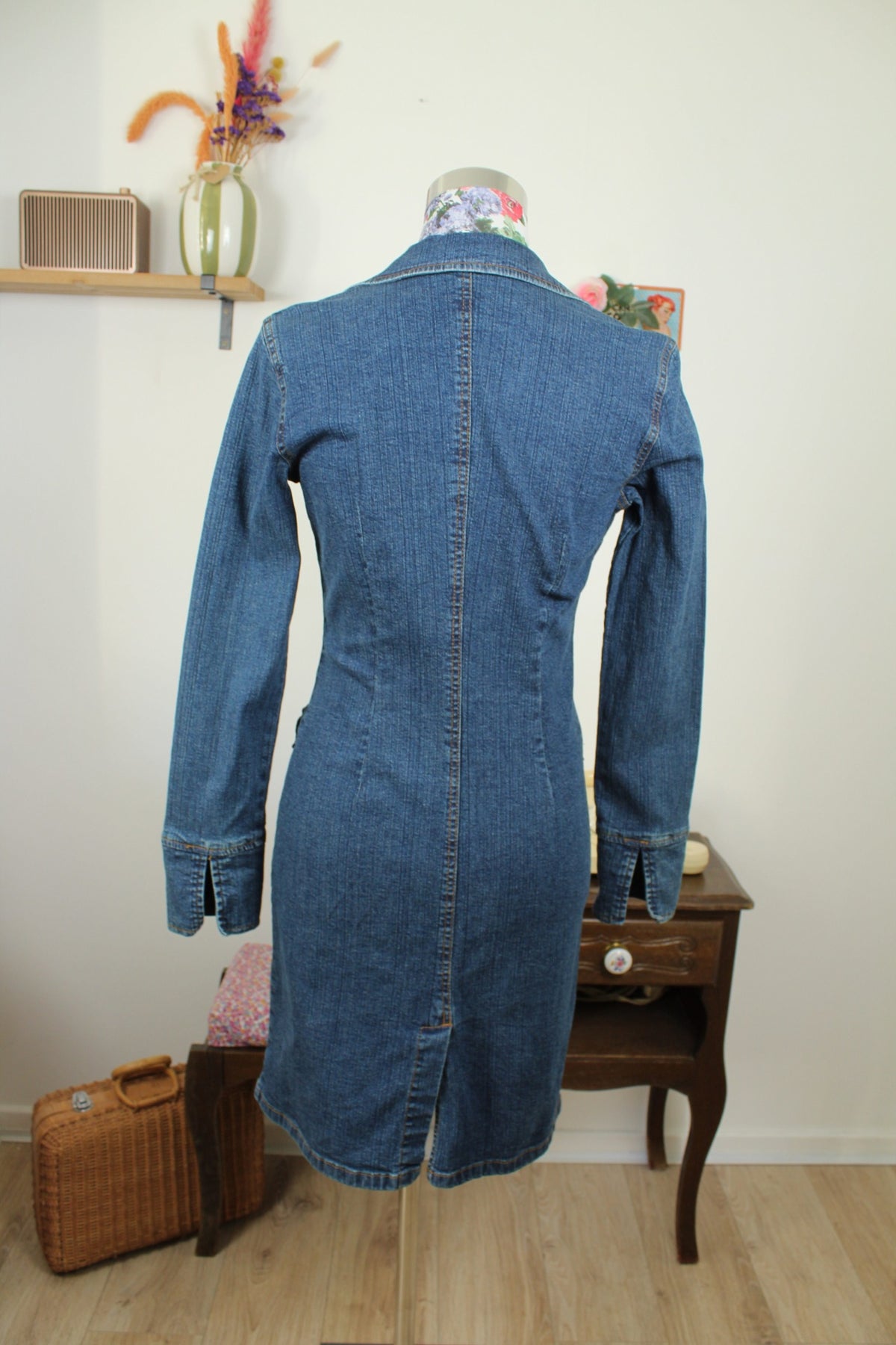 Robe vintage années 90 en jean & laçage marron - Taille 36