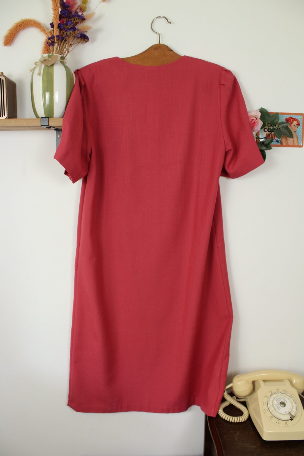 Robe vintage années 80 rose poudré coupe ceinturée - Taille 40/42