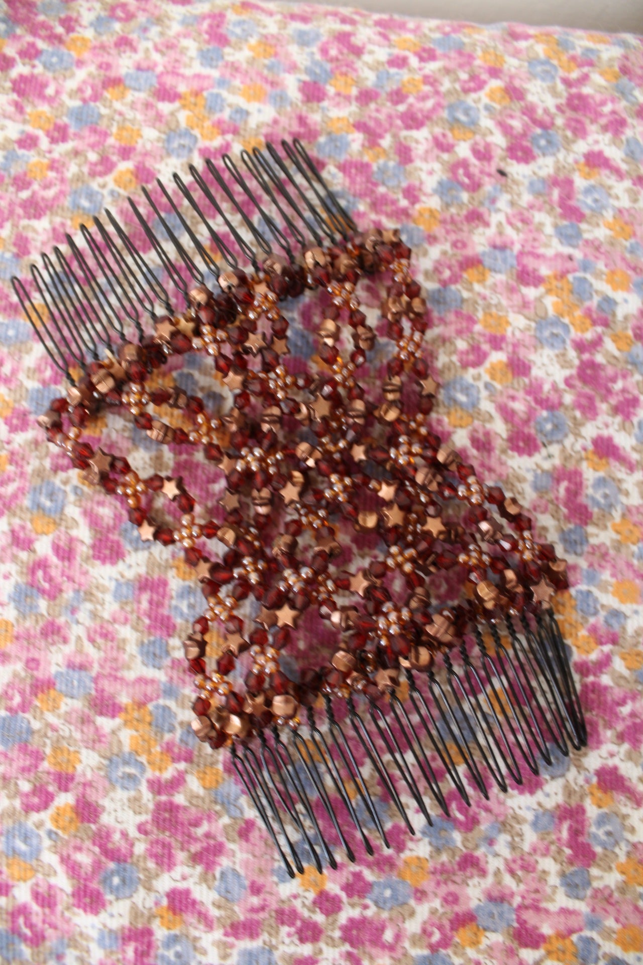 🌸🍒Pince à chignon vintage années 90/2000 perles & étoiles bronze🍒🌸