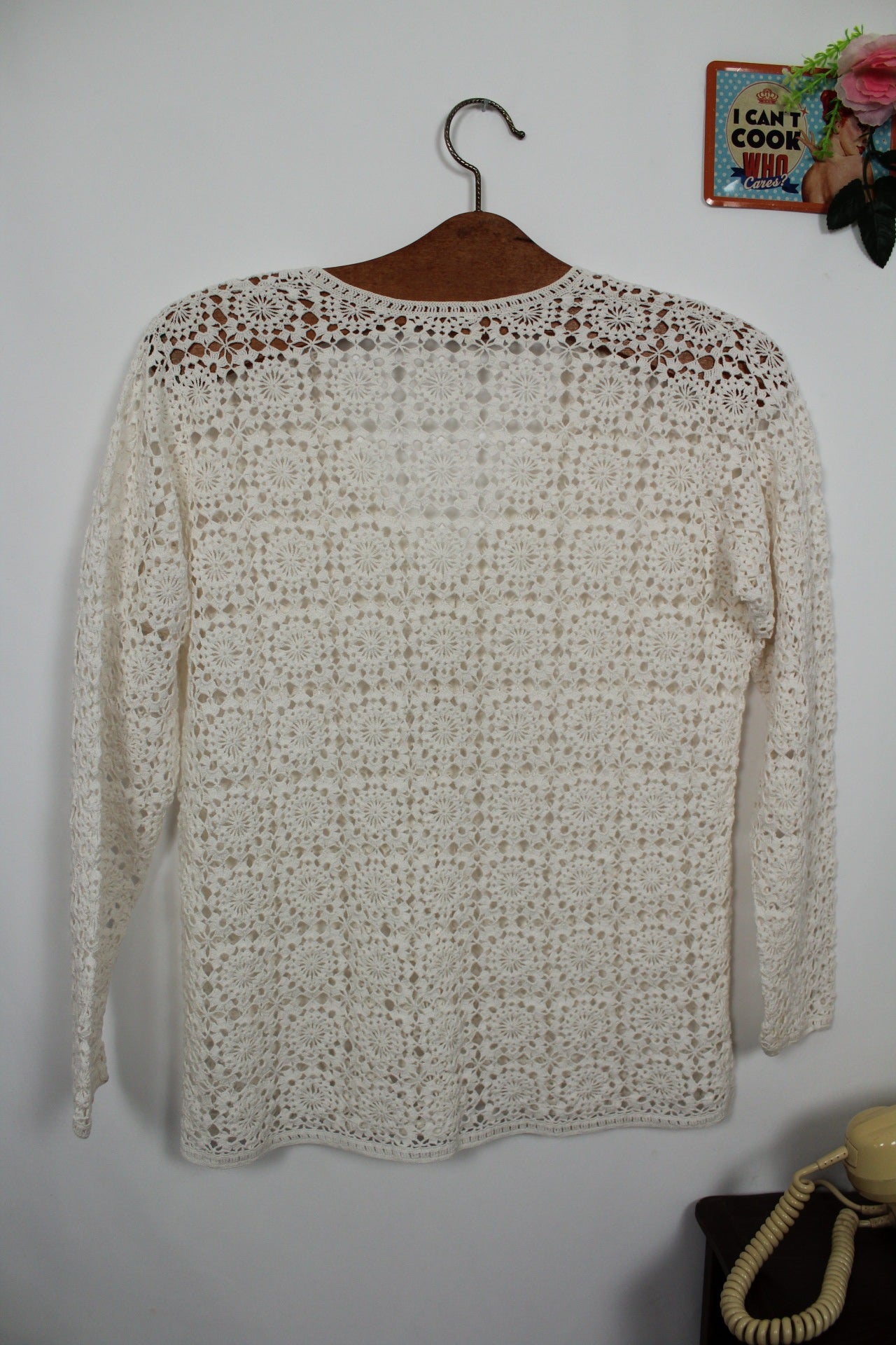 🍒🌸Gilet vintage 90's en crochet blanc fleuri ajouré - taille 38🌸🍒