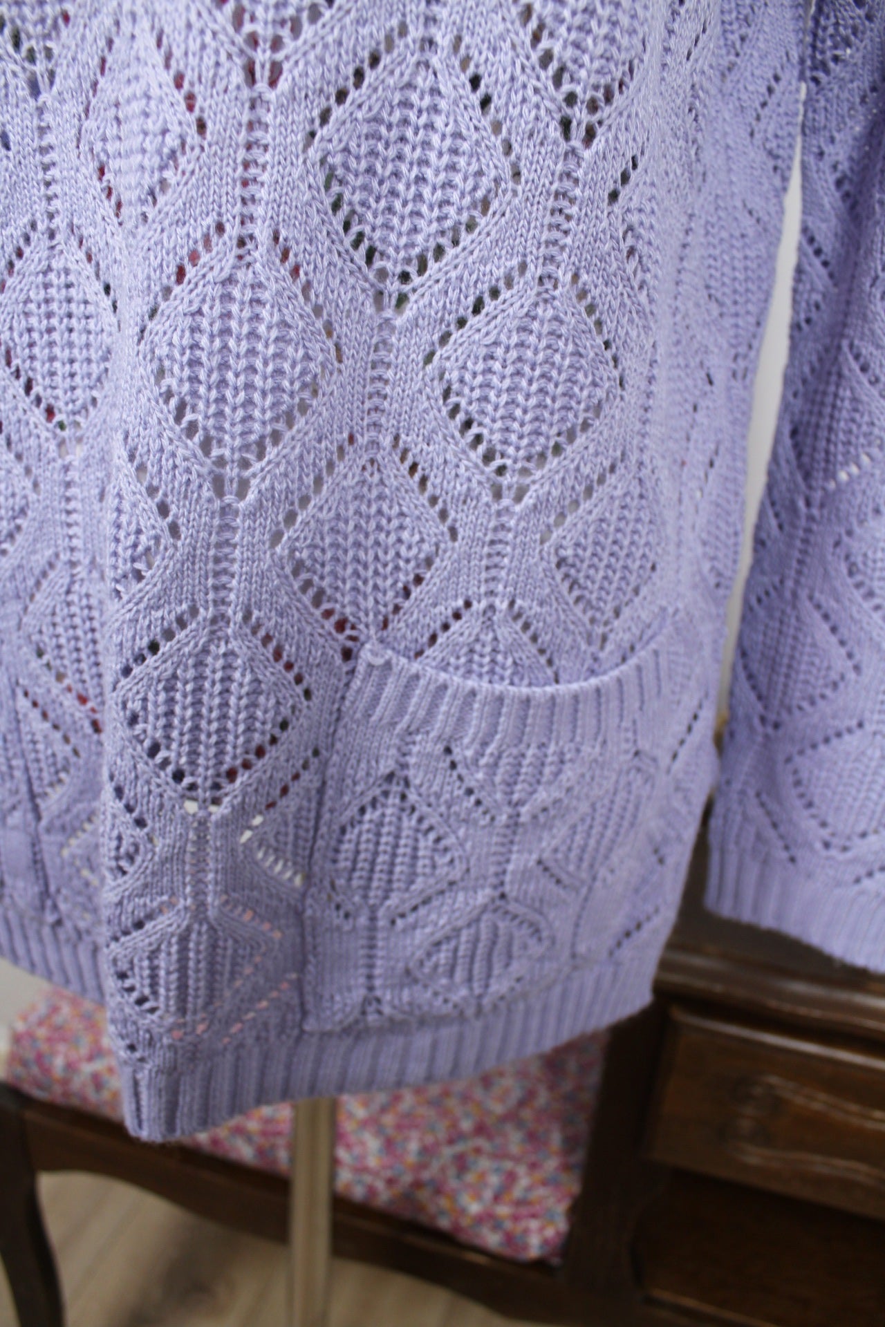 🍒🌸Pull ajouré lila vintage années 80 en laine - long & cosy avec poches - Taille 40/42 🌸🍒