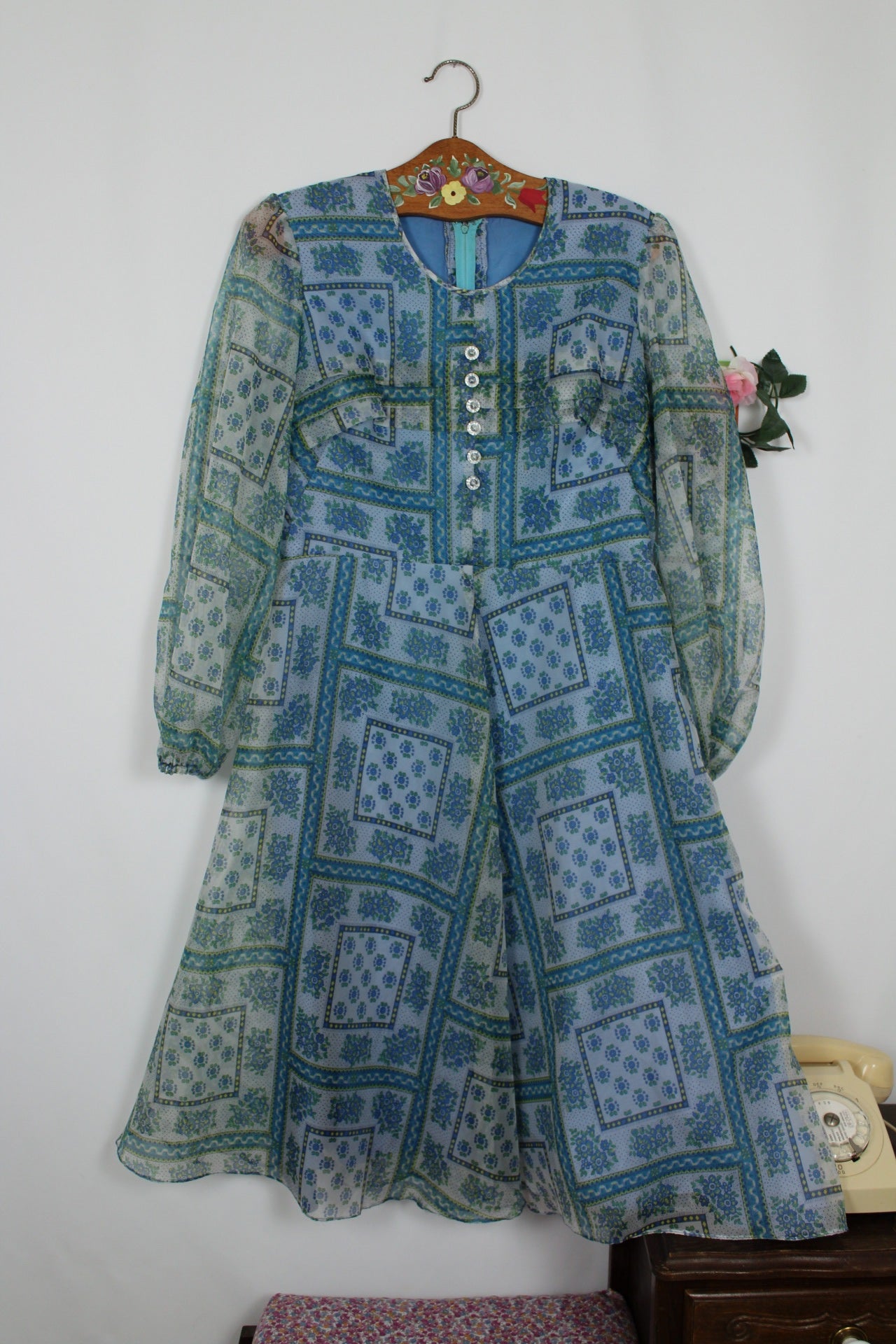🌸🍒Robe midi vintage 70's - bohème fleurie manches transparentes - Taille 38🍒🌸