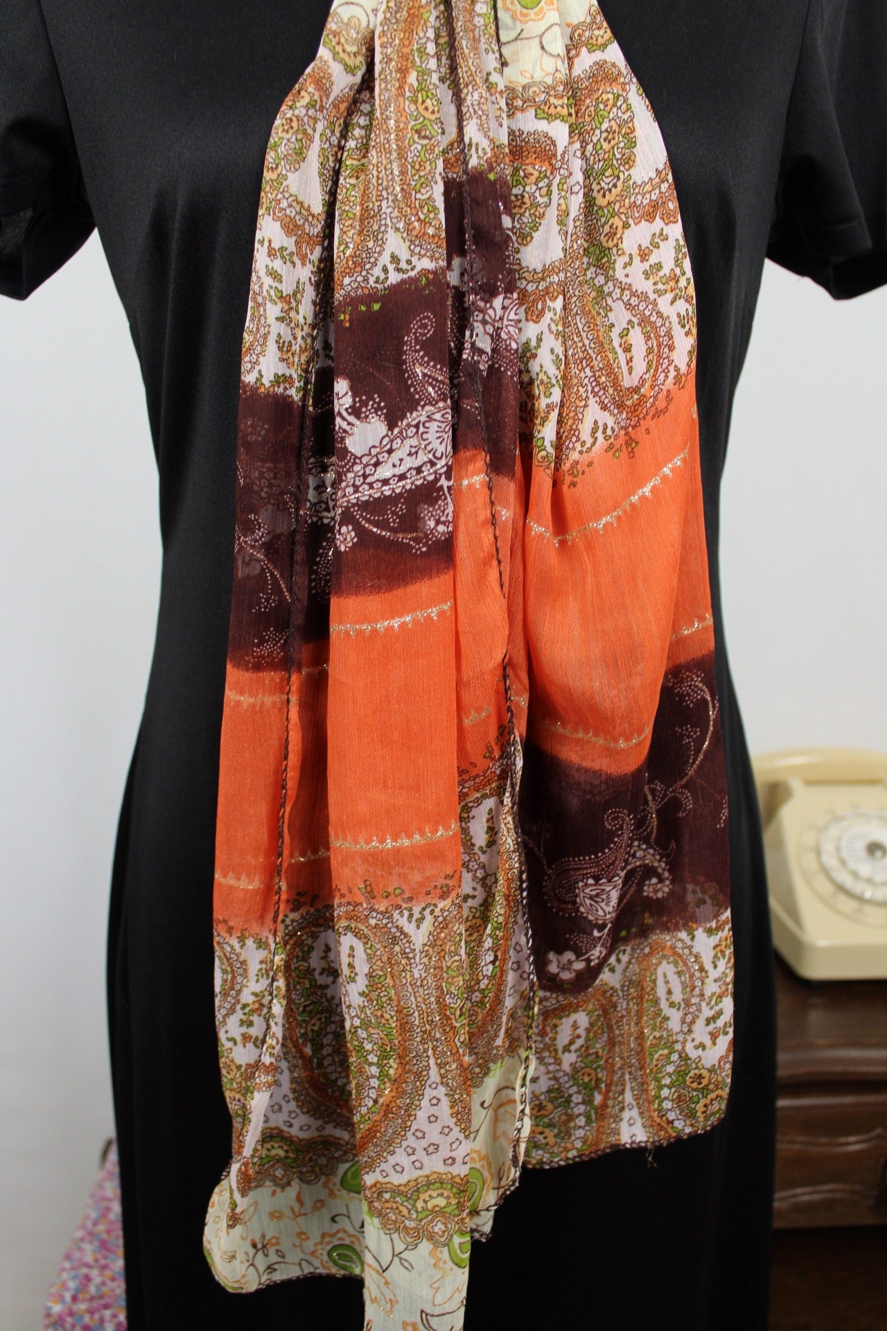 🌸🍒Long foulard coloré paisley fleuri & dorures🍒🌸