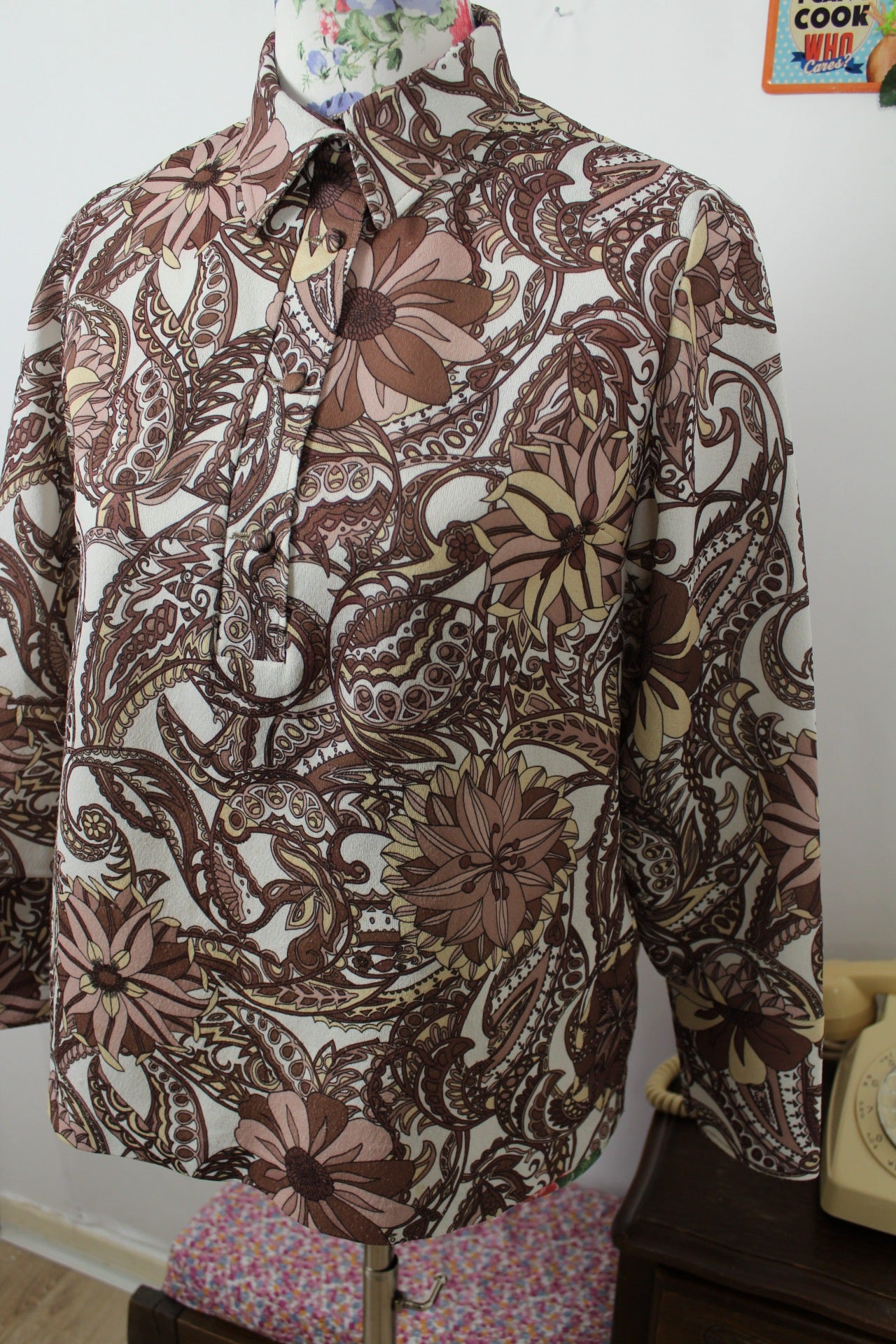 🍒🌸Blouse vintage baroque 70s - tons bruns & beige chic - Taille 40/42🌸🍒