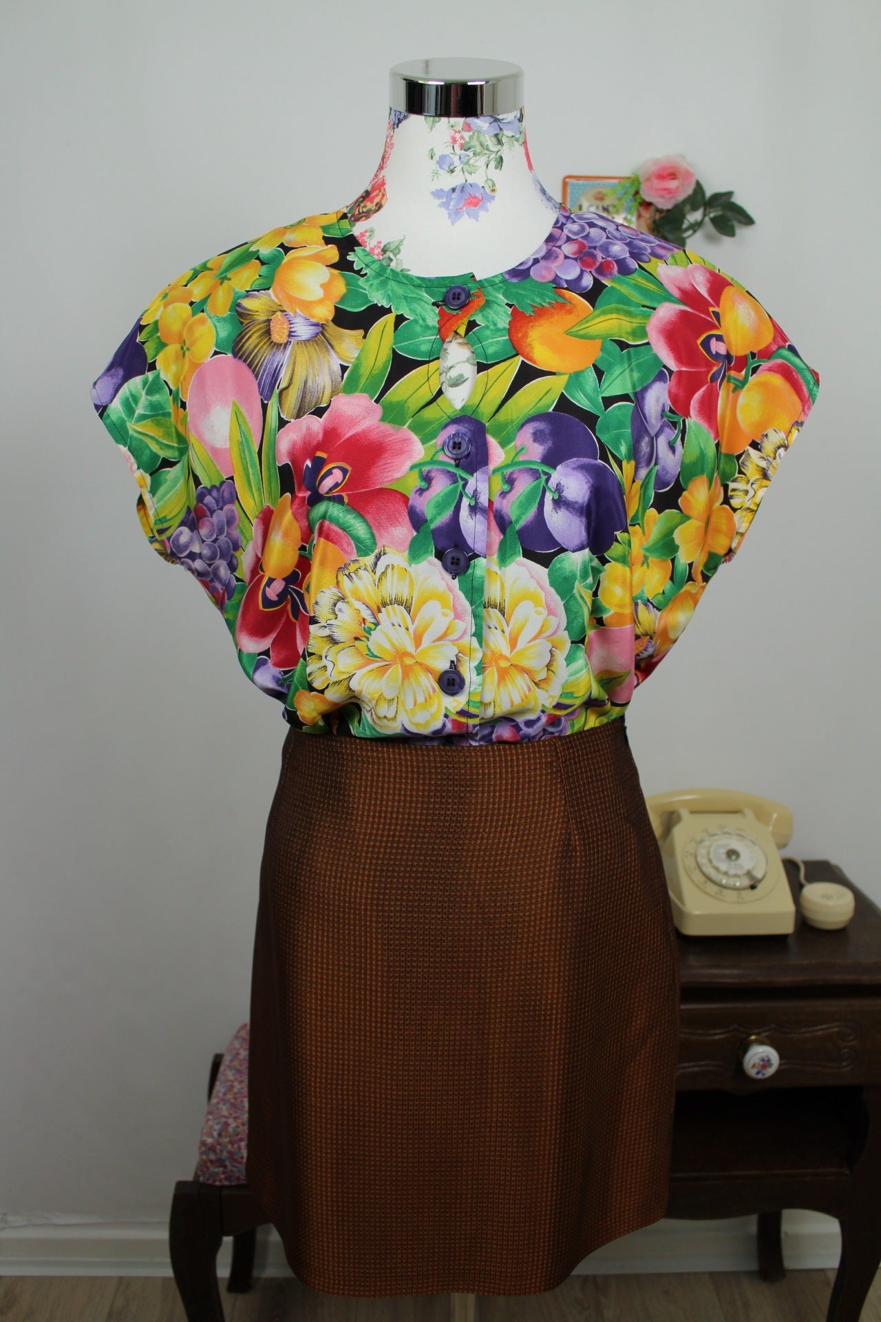 🌸🍒 Jupe vintage 80/90's satinée carreaux & rayures tons chauds - Taille 36🍒🌸
