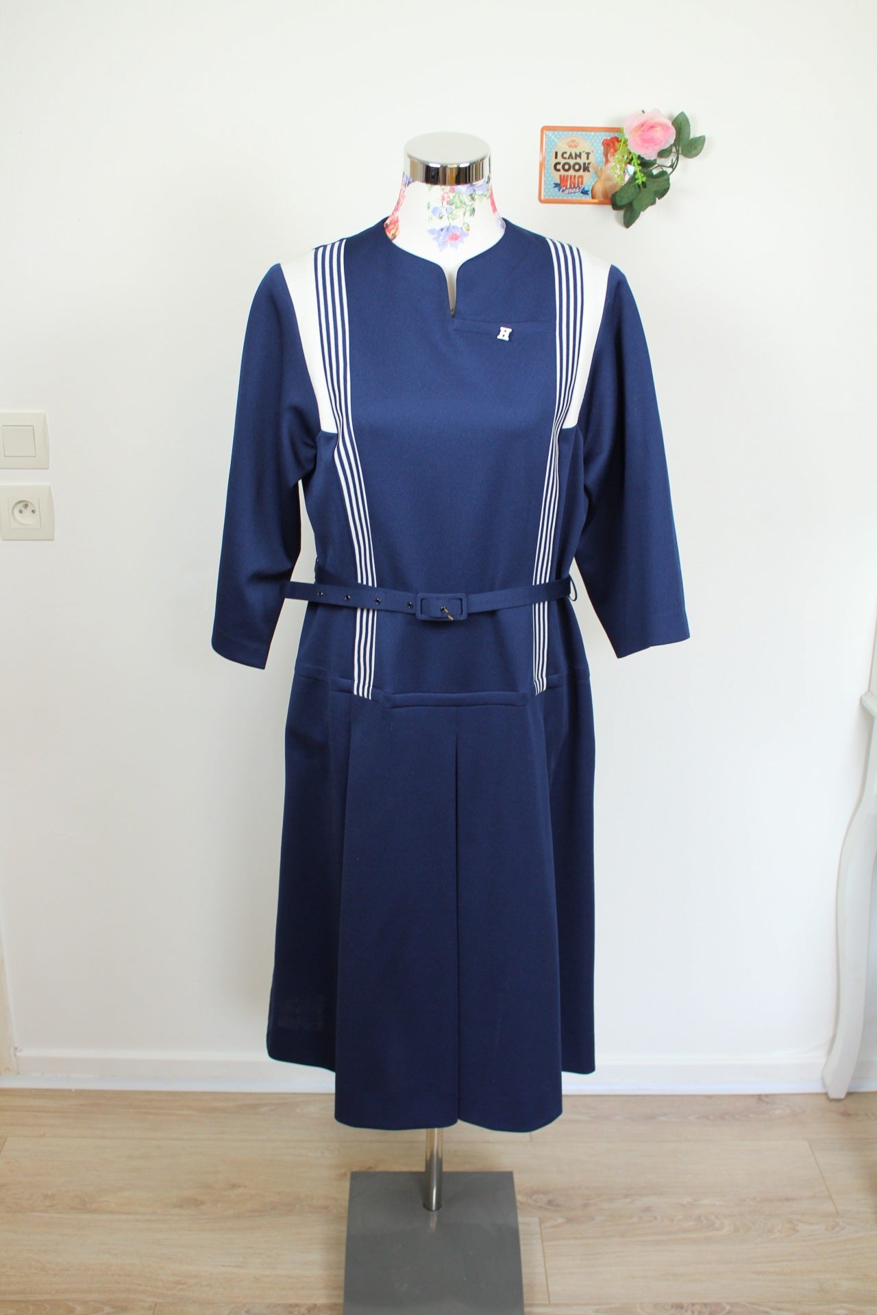 🌸Robe vintage 70's bleu marine - style navy chic, col officier & ceinture assortie🍒