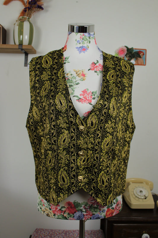 🌸🍒Gilet vintage 80's cachemire doré brodé esprit baroque glitter - Taille 40/42🍒🌸