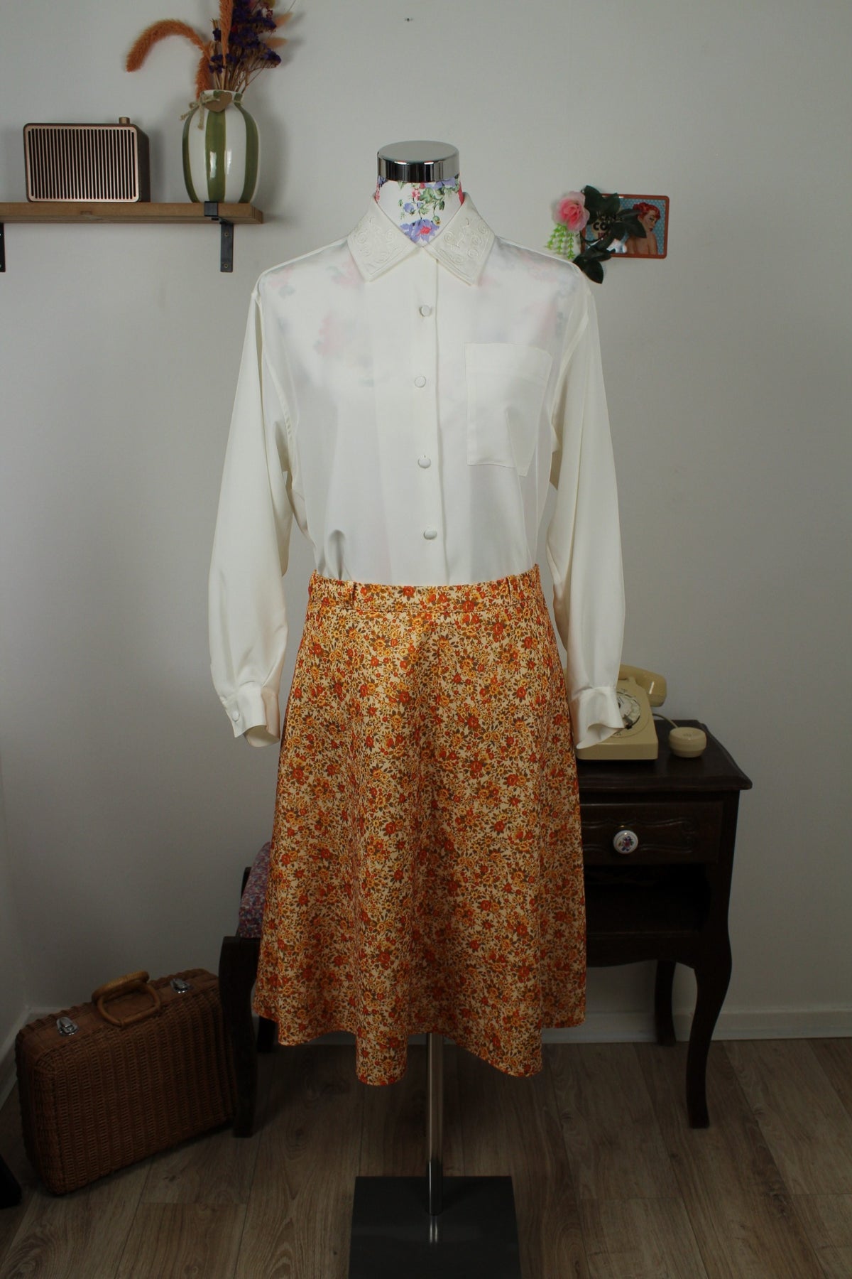 Chemise vintage années 80 blanche satinée col brodé romantique Ralph Luigi - Taille 40/42
