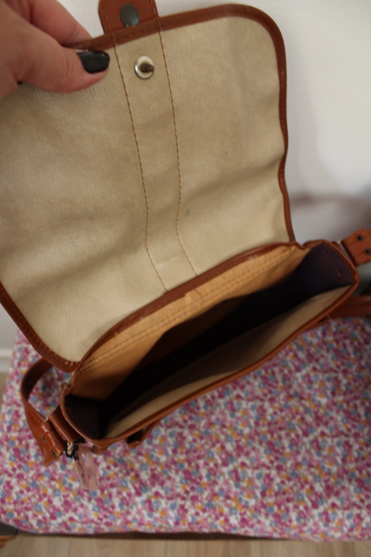 🌸🍒Sac vintage années 70/80 bi-matière toile + cuir camel🍒🌸