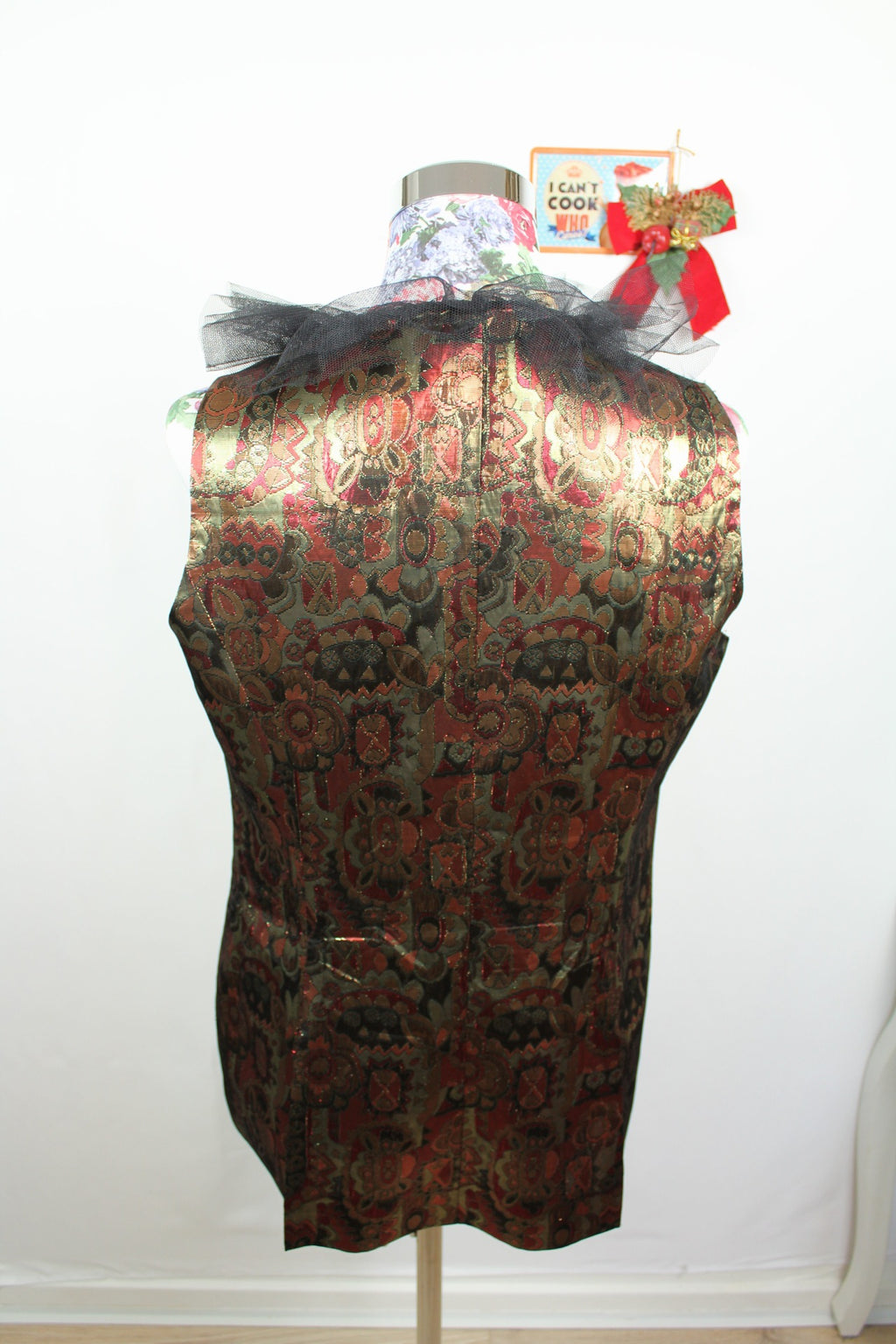 ✨Gilet brocart vintage 70's doré motifs baroques & col volanté tulle noir ✨