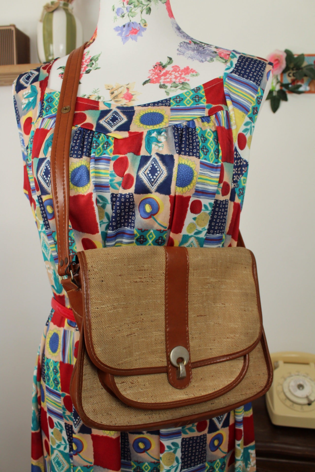 🌸🍒Sac vintage années 70/80 bi-matière toile + cuir camel🍒🌸