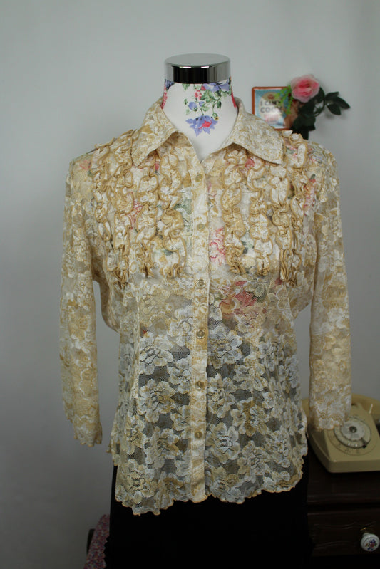 🌸🍒Chemisier vintage 80's beige en dentelle romantique gothique victorien/cottagecore - Taille 38/40🍒🌸
