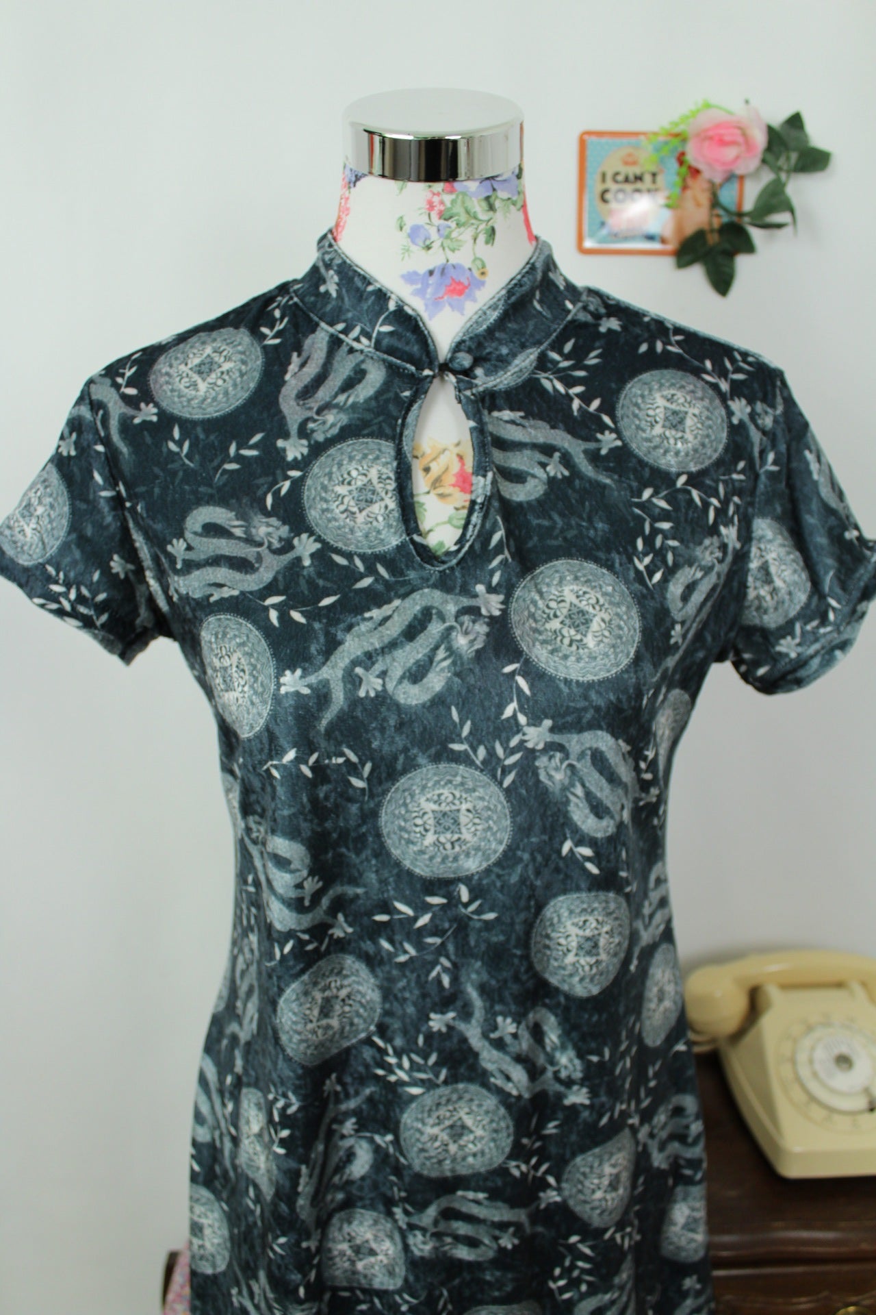 🌸🍒Robe vintage 90's asiatique dragon/médaillon col mao - made in France - Taille 38🍒🌸