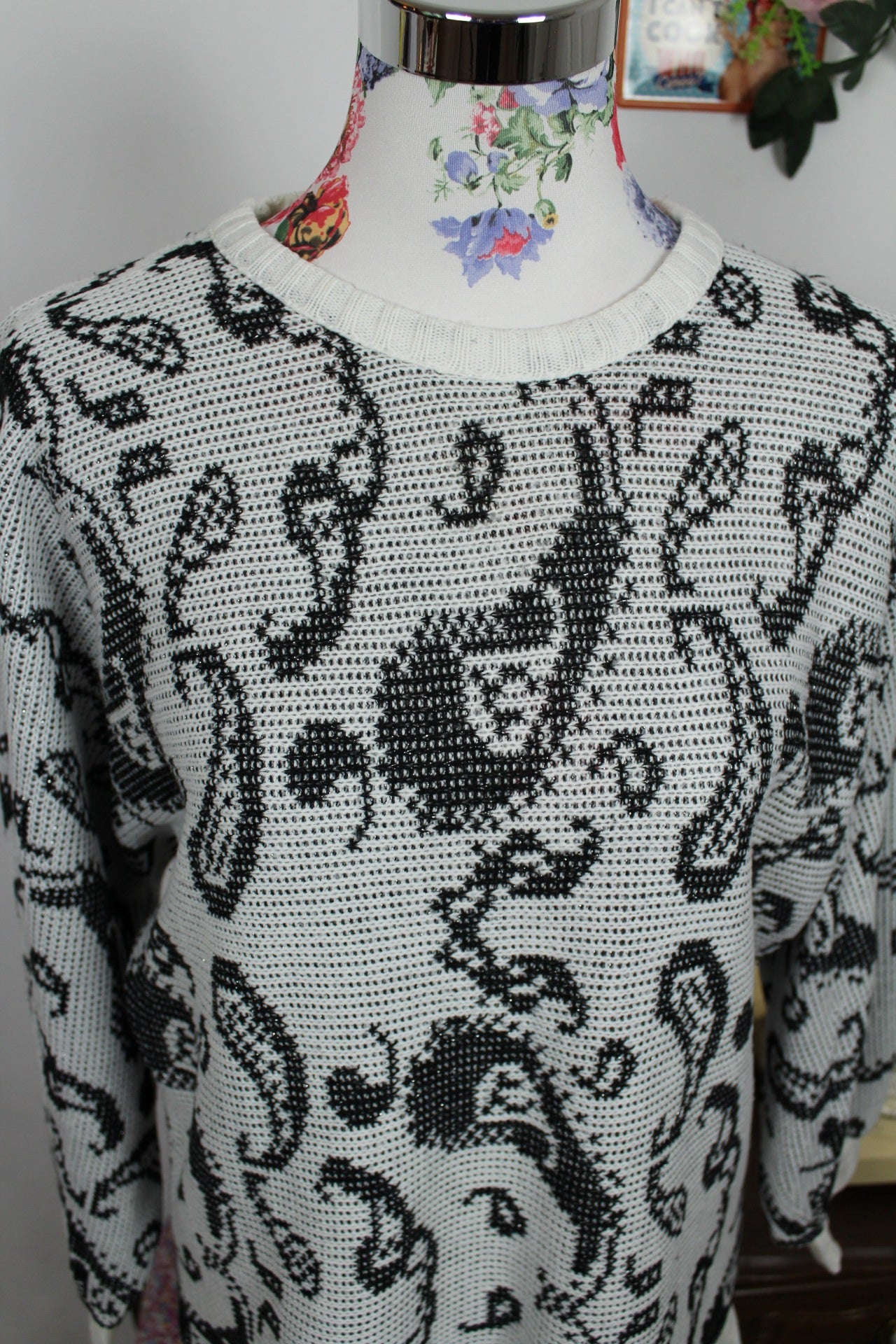 🌸🍒Pull vintage années 80 paisley graphique - noir et blanc - Taille 38 à 42🍒🌸