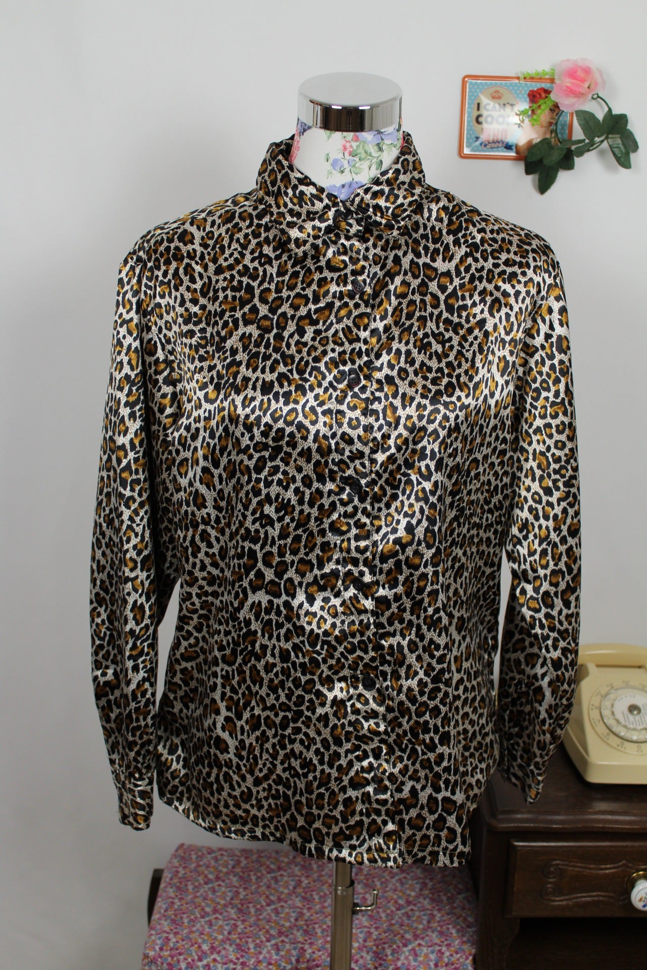 🌸🍒Chemise vintage 90's imprimée léopard satiné - Taille 42/44🍒🌸