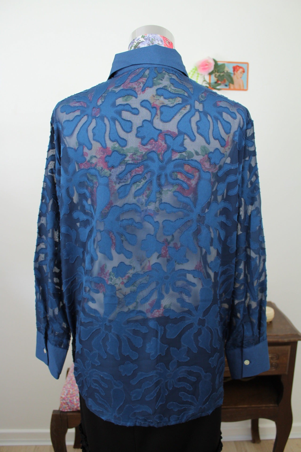 🍒🌸Chemise vintage 80/90s bleu marine - voile transparent - Taille 40/42🌸🍒