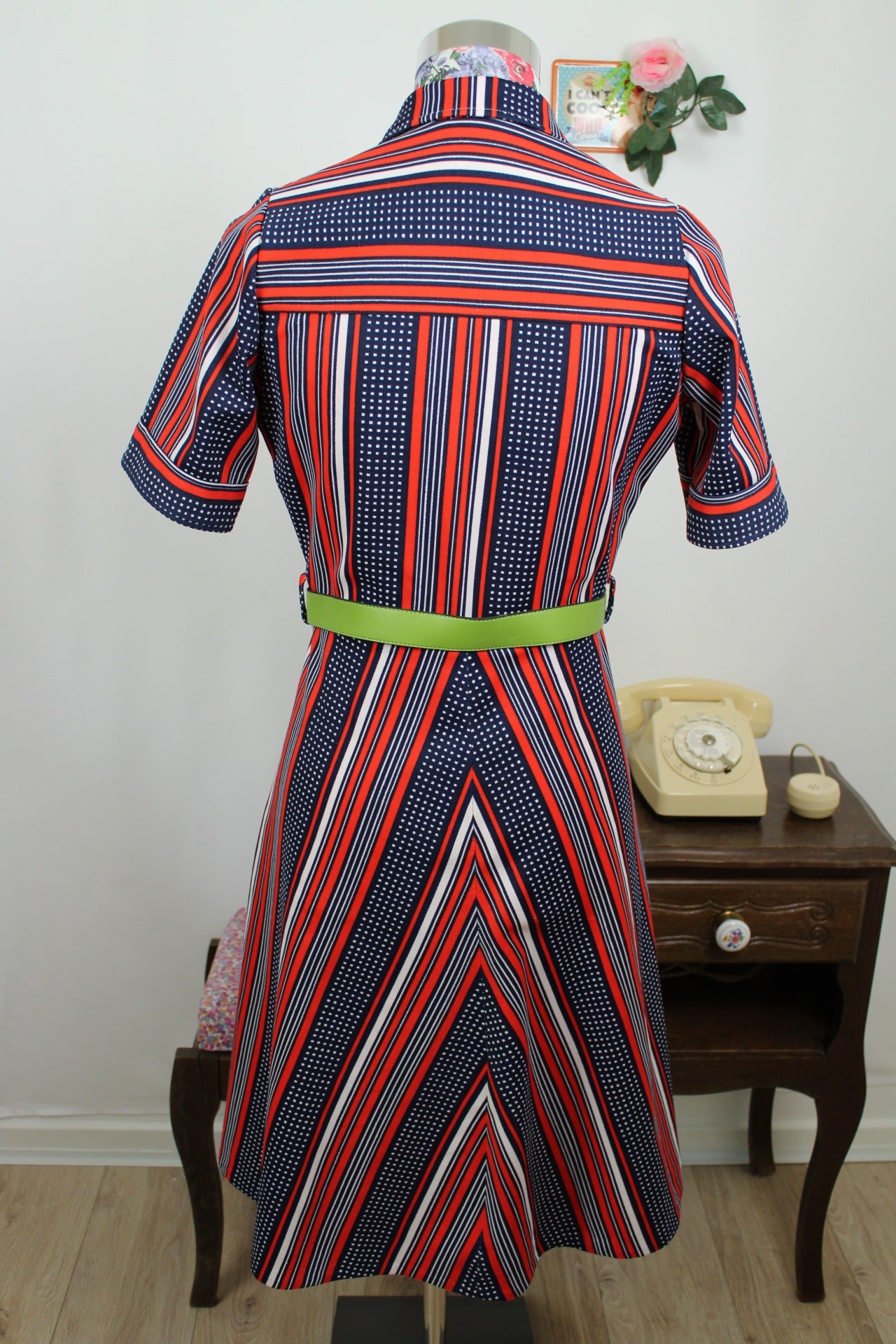 🌸🍒Robe vintage 70's Navy pin-up chic - rayures rouge/marine & pois - Taille 38🍒🌸