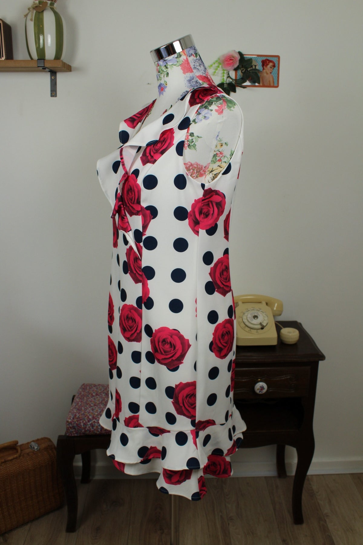 🌸🍒Robe rockabilly/pin-up pois marine & roses fuchsia - Jus d'Orange - Taille 38🍒🌸