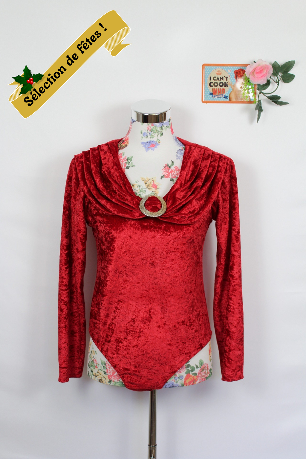 ✨Body rouge en velours satiné 80's gamour - anneau doré✨