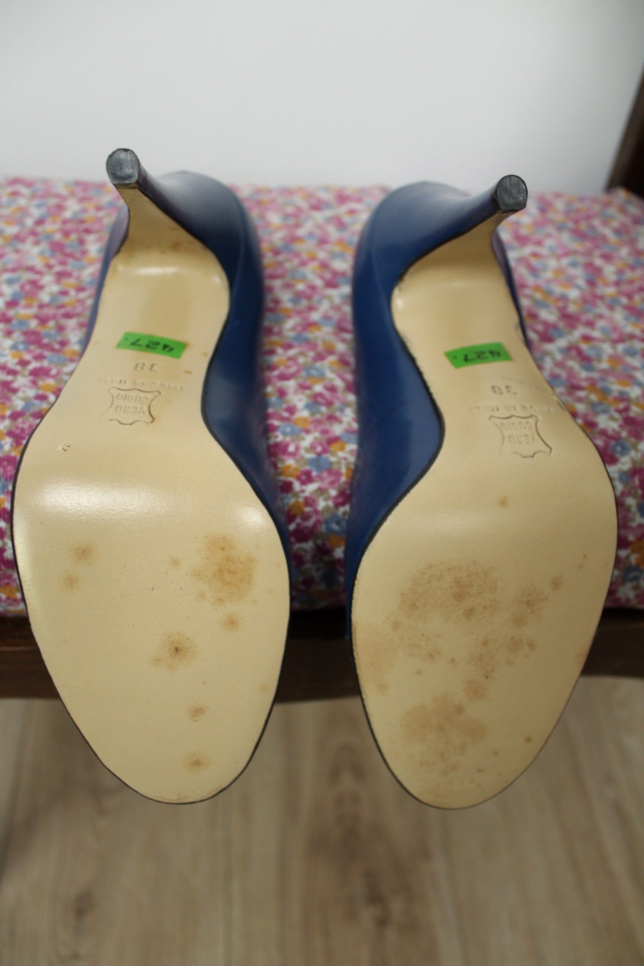 🌸🍒Escarpins vintage 80/90's bleu bout ouvert peep toe & nœud - cuir véritable - pointure 38🍒🌸