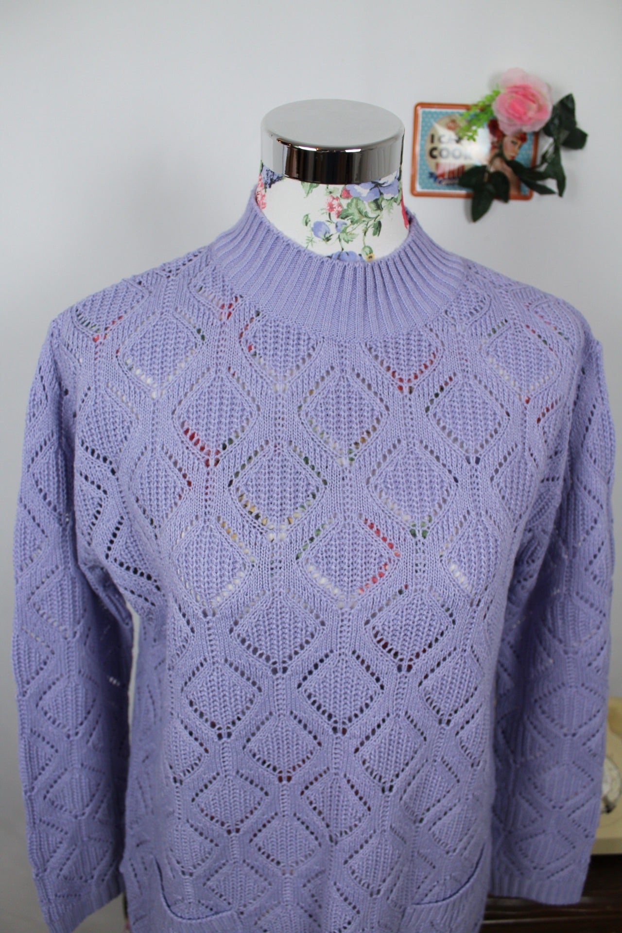 🍒🌸Pull ajouré lila vintage années 80 en laine - long & cosy avec poches - Taille 40/42 🌸🍒