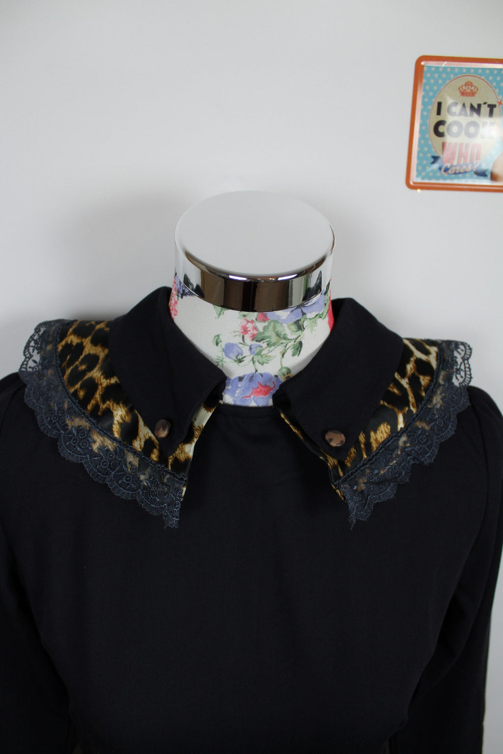 🌸Robe noire longue vintage 80's - empiècements léopard & dentelle - couture chic🍒